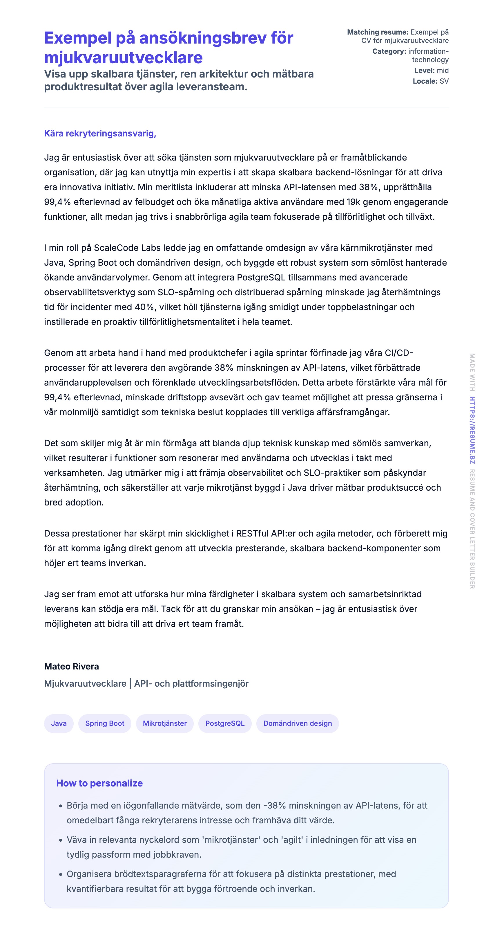 Förhandsgranskning av motivationsbrev för Exempel på ansökningsbrev för mjukvaruutvecklare