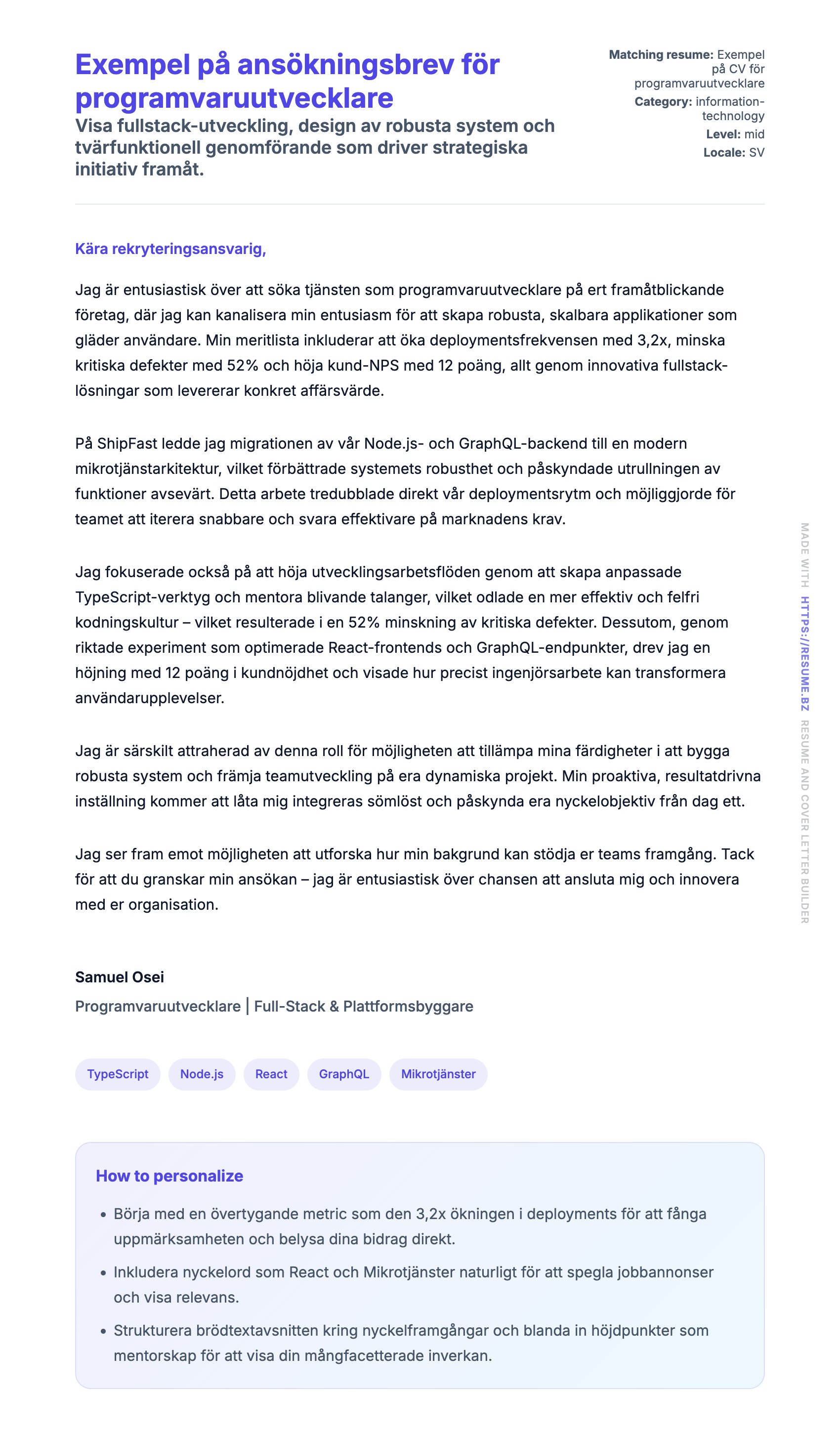 Förhandsgranskning av motivationsbrev för Exempel på ansökningsbrev för programvaruutvecklare