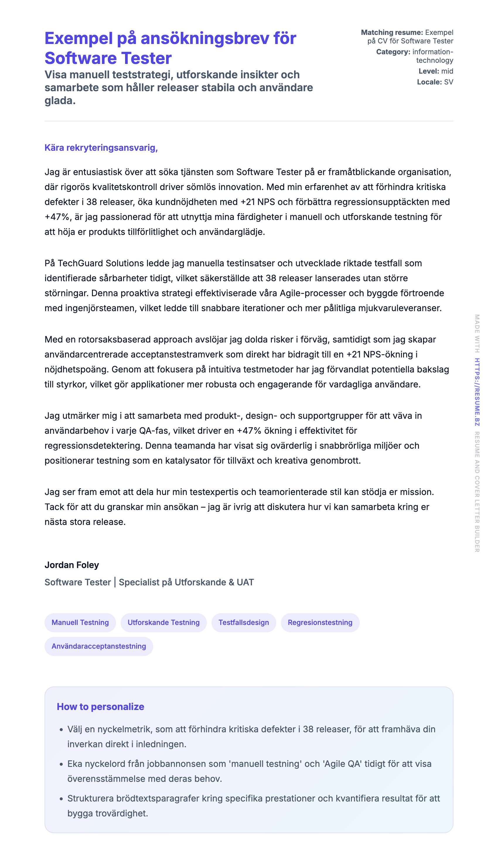 Förhandsgranskning av motivationsbrev för Exempel på ansökningsbrev för Software Tester