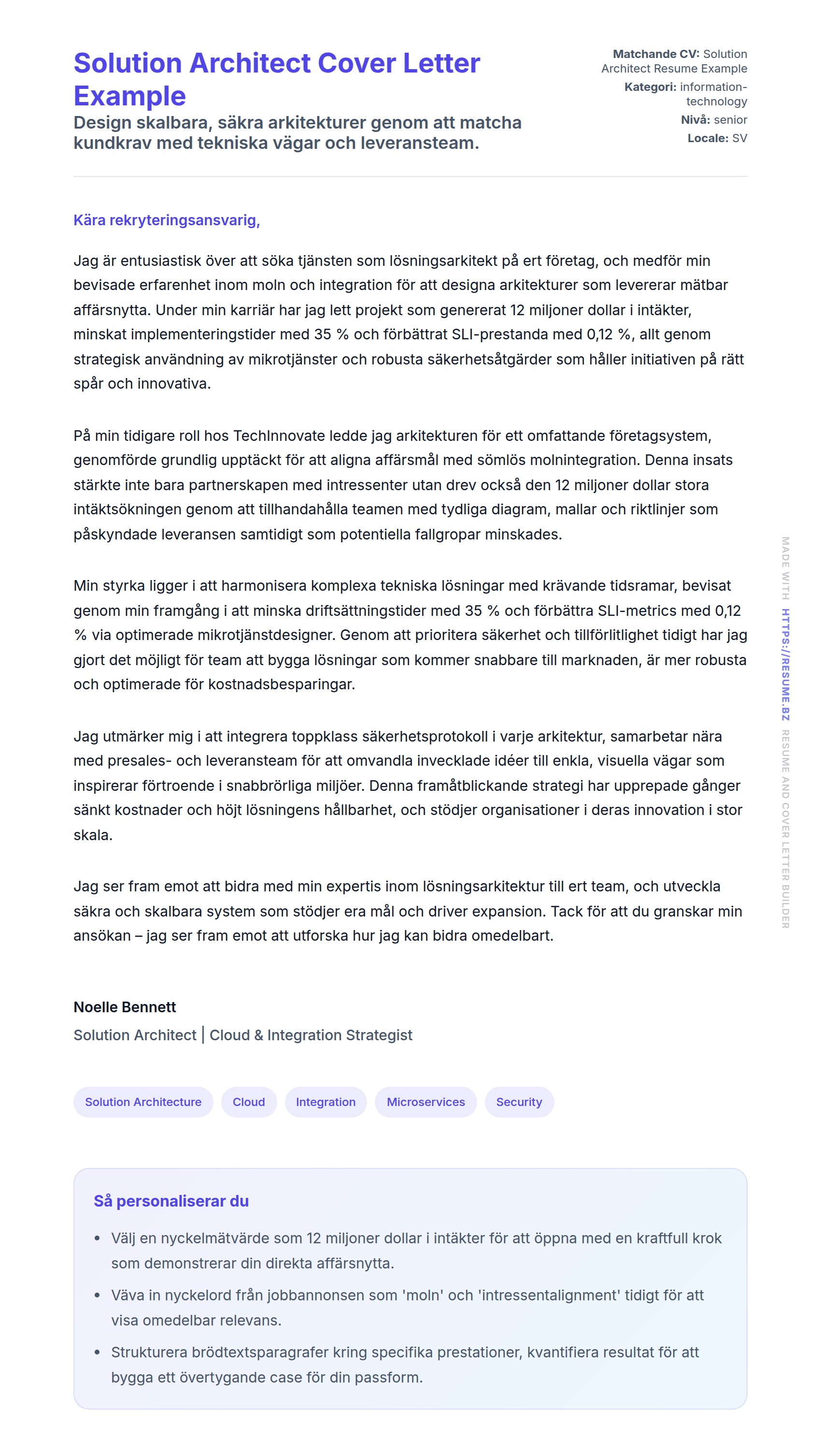 Förhandsgranskning av motivationsbrev för Solution Architect Cover Letter Example