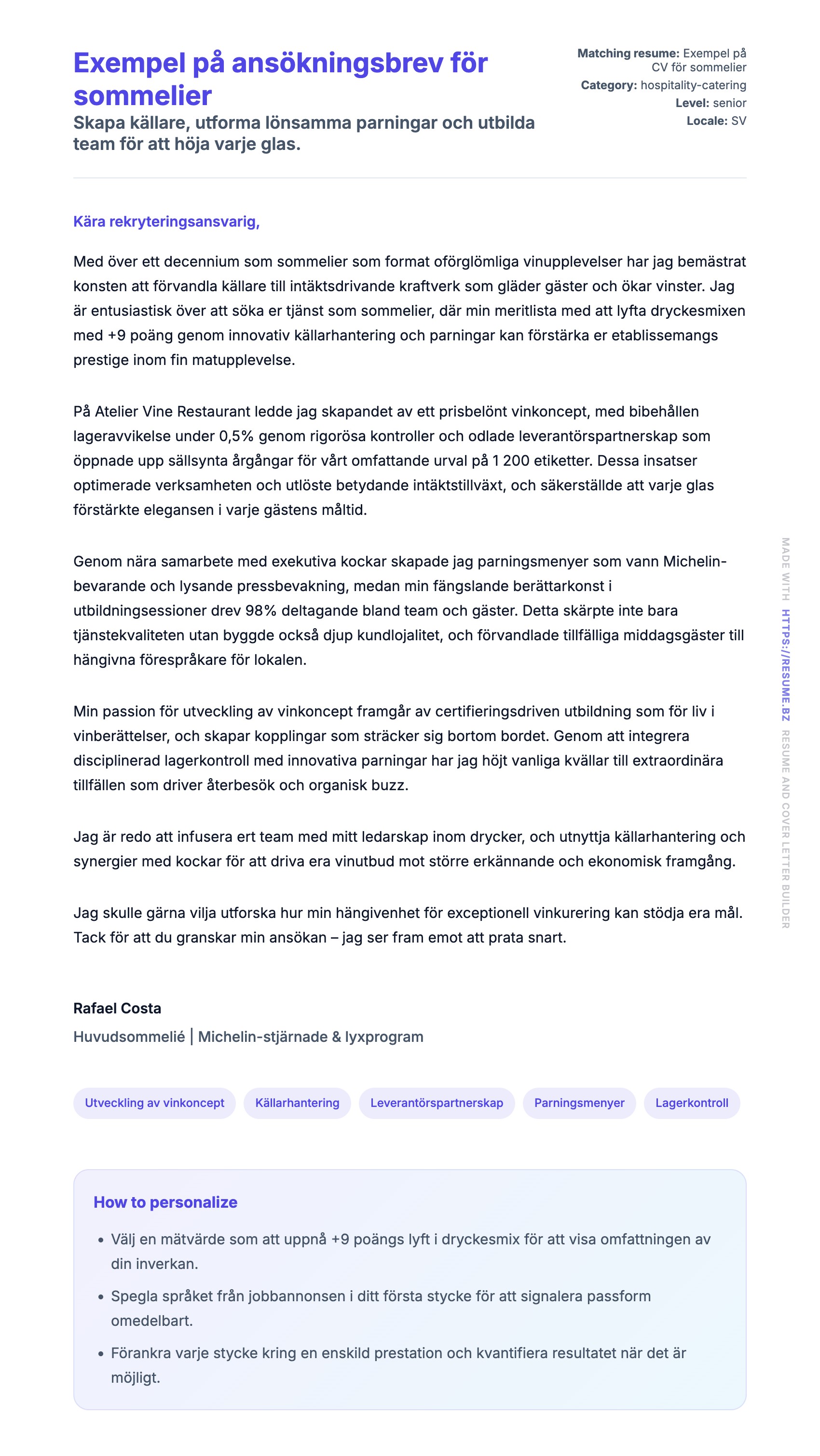 Förhandsgranskning av motivationsbrev för Exempel på ansökningsbrev för sommelier