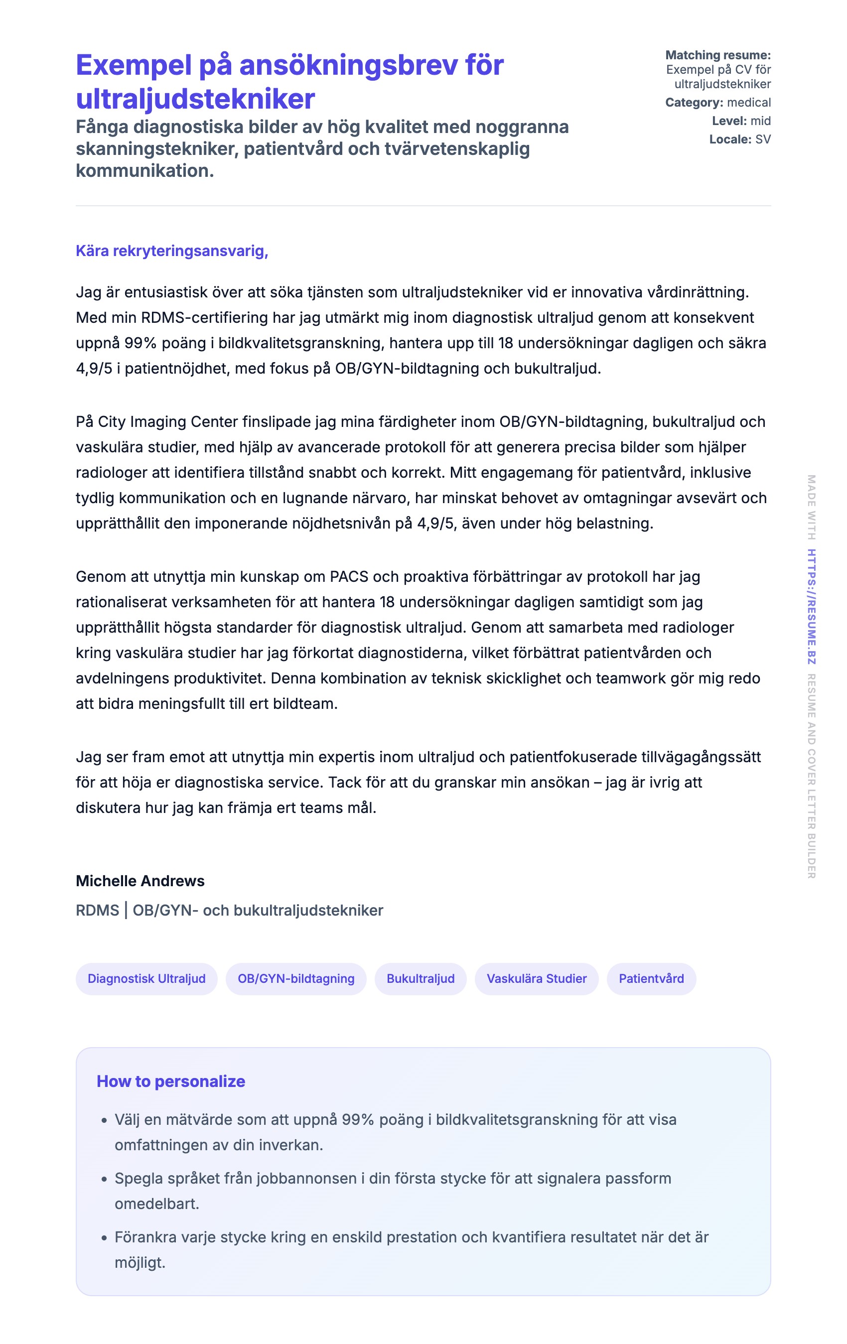 Förhandsgranskning av motivationsbrev för Exempel på ansökningsbrev för ultraljudstekniker
