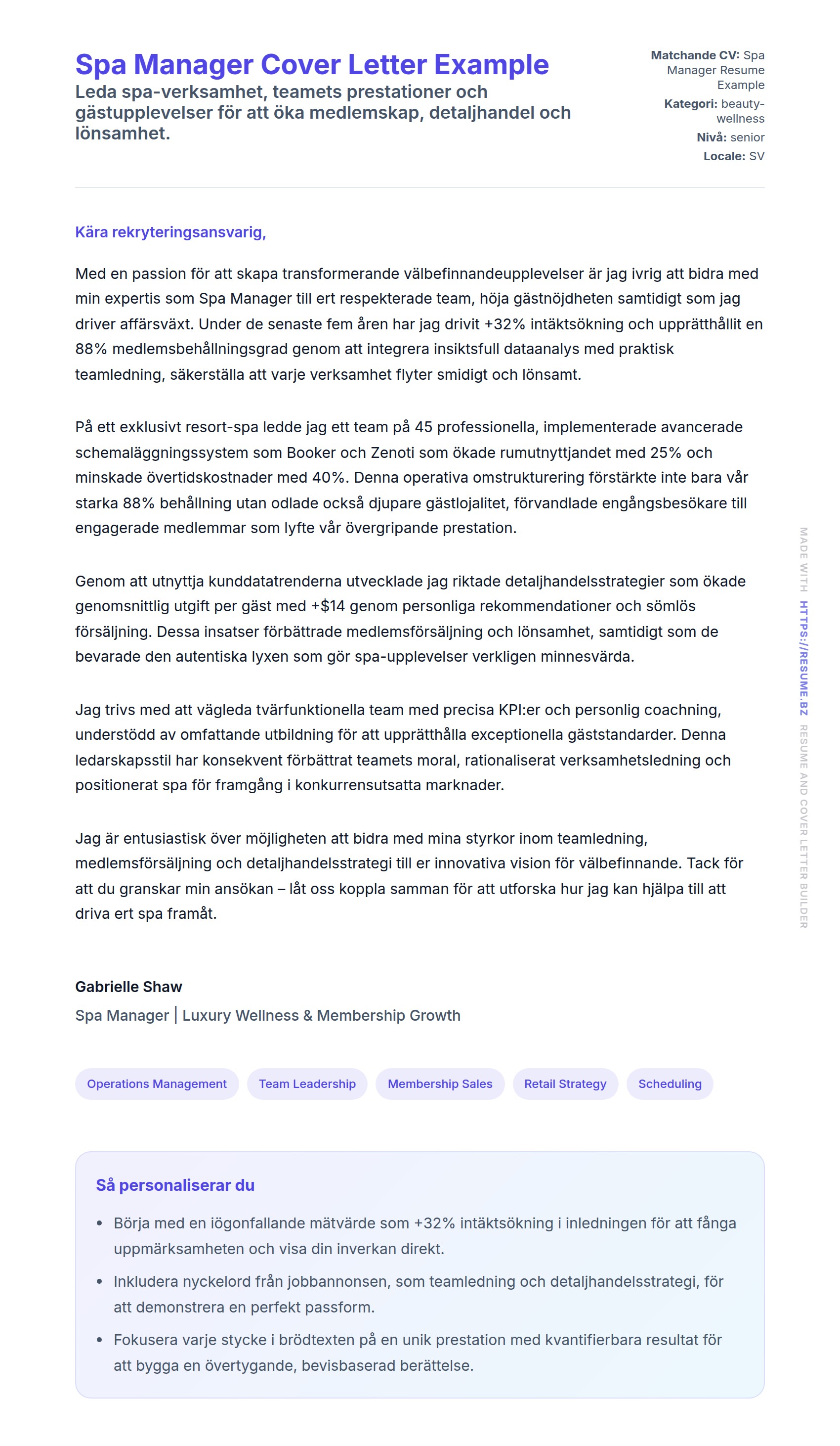 Förhandsgranskning av motivationsbrev för Spa Manager Cover Letter Example
