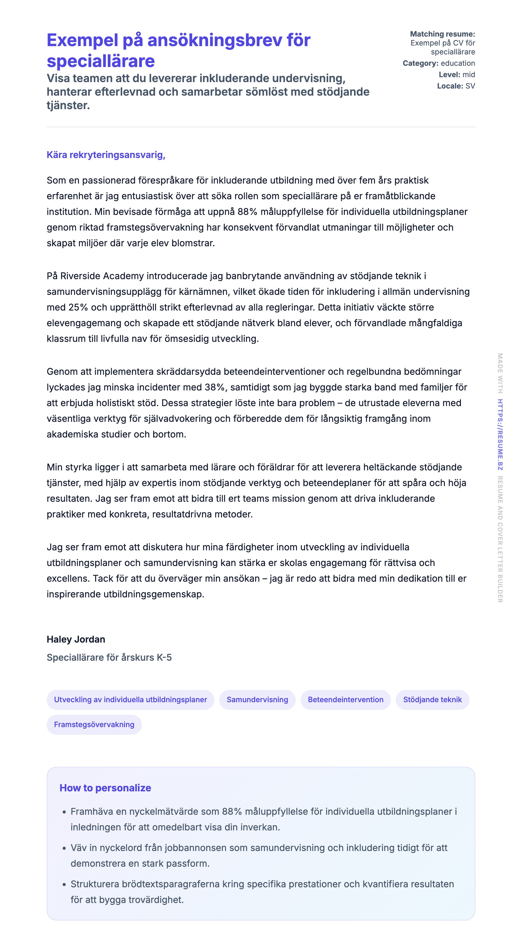 Förhandsgranskning av motivationsbrev för Exempel på ansökningsbrev för speciallärare