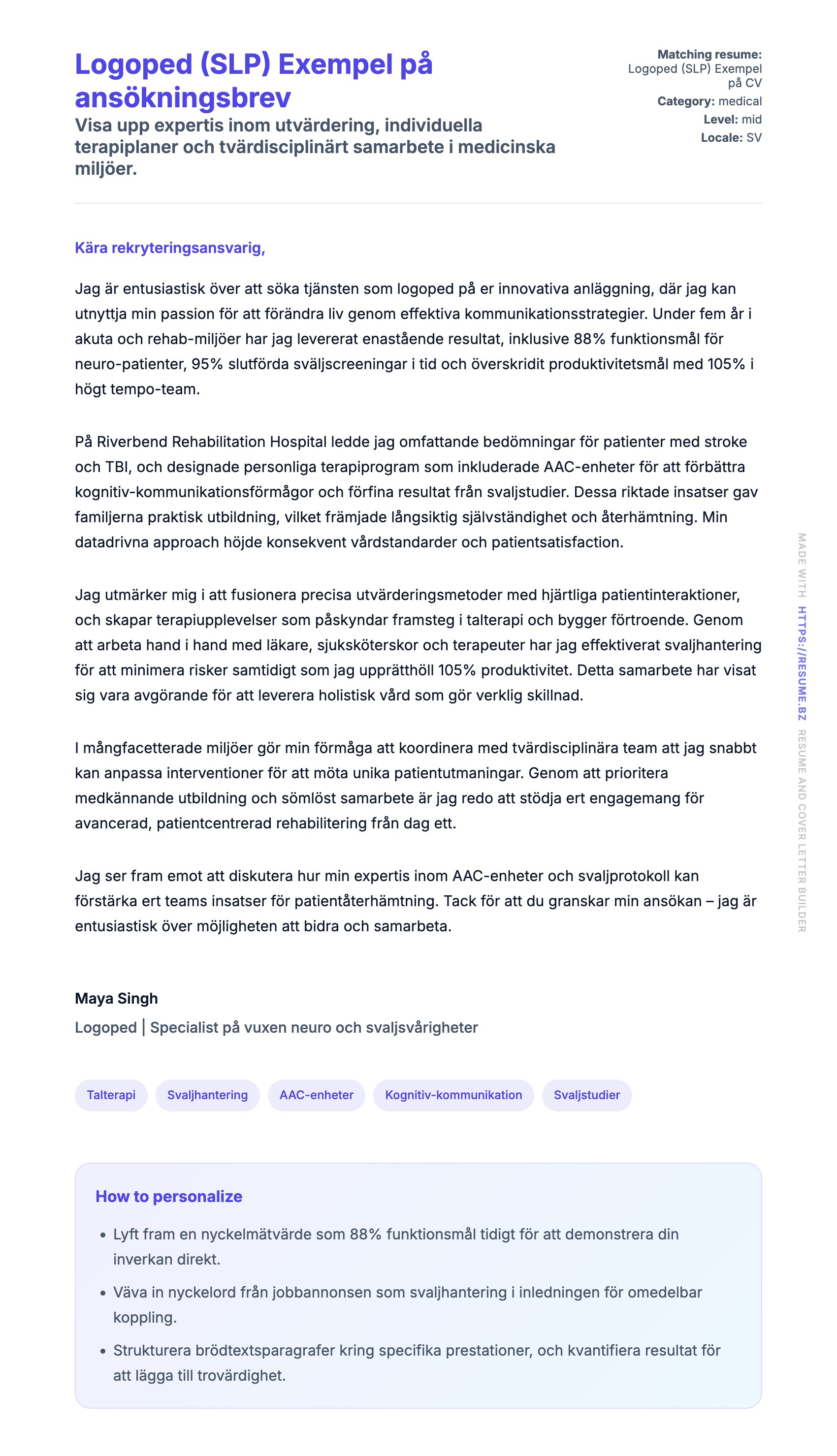 Förhandsgranskning av motivationsbrev för Logoped (SLP) Exempel på ansökningsbrev