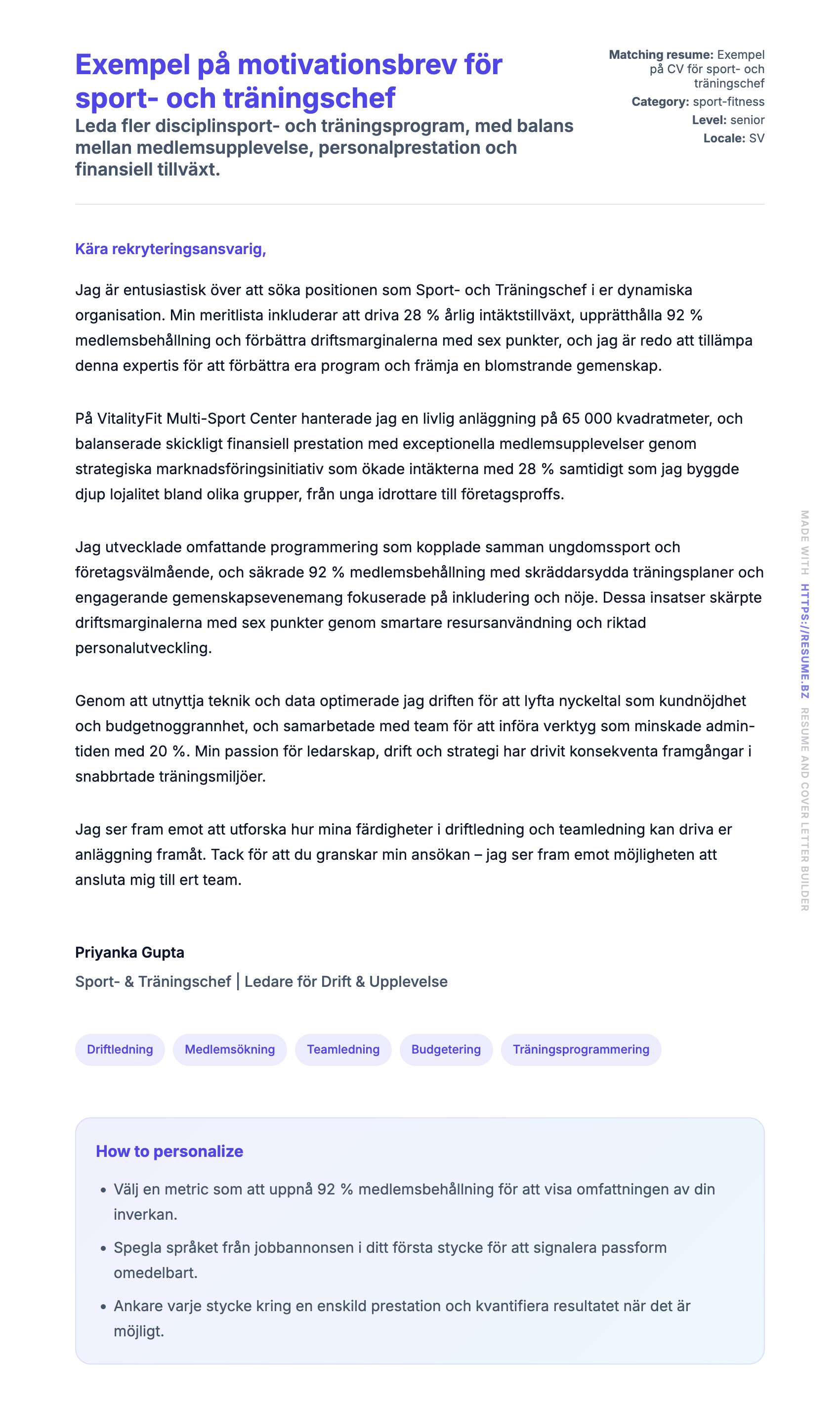 Förhandsgranskning av motivationsbrev för Exempel på motivationsbrev för sport- och träningschef