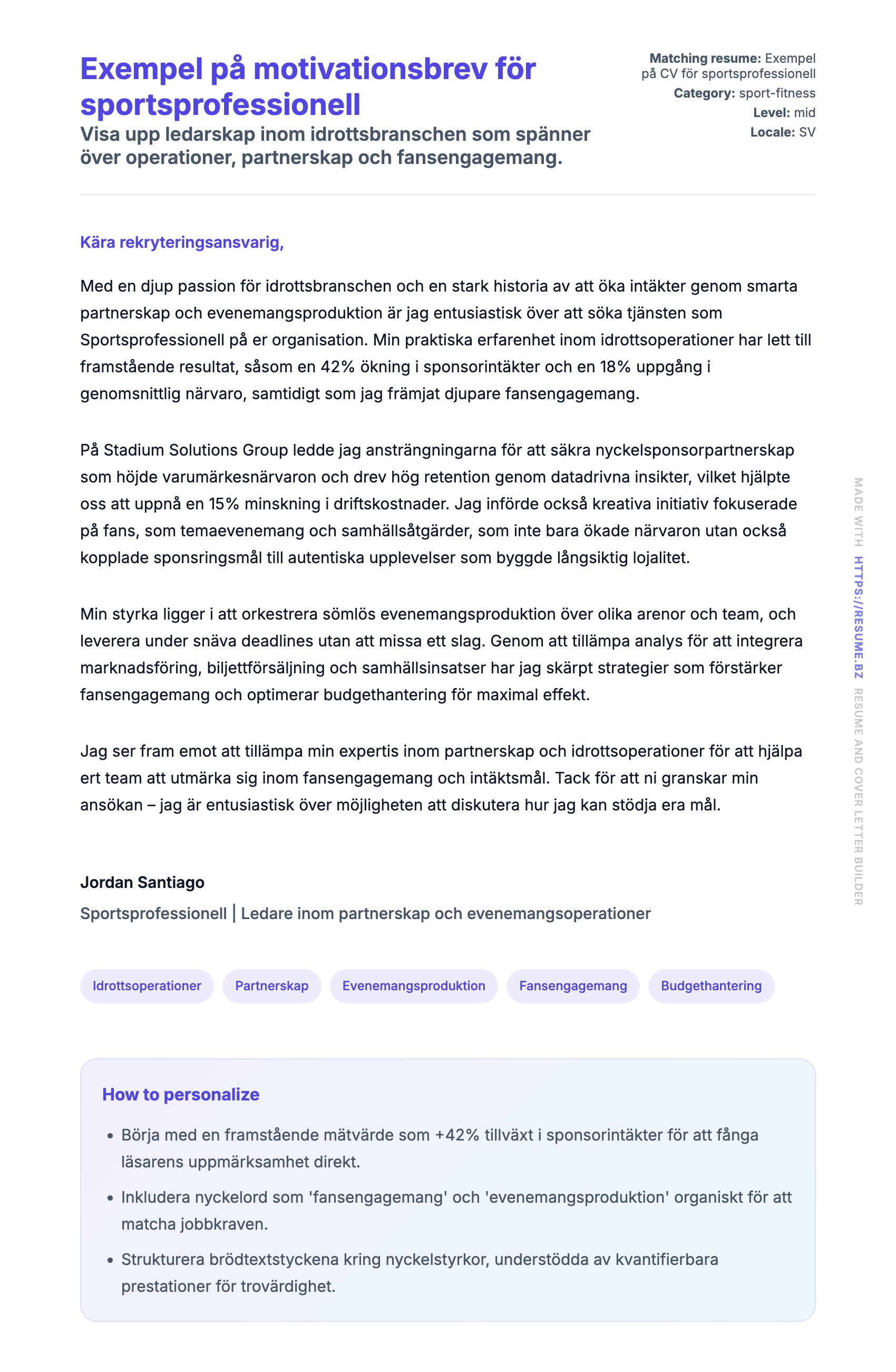 Förhandsgranskning av motivationsbrev för Exempel på motivationsbrev för sportsprofessionell