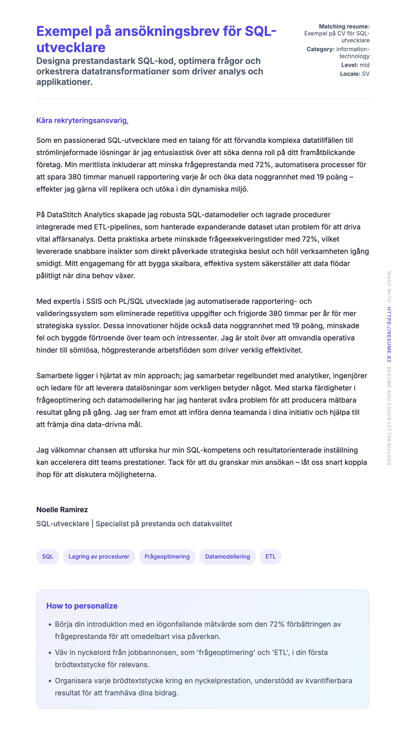 Förhandsgranskning av motivationsbrev för Exempel på ansökningsbrev för SQL-utvecklare