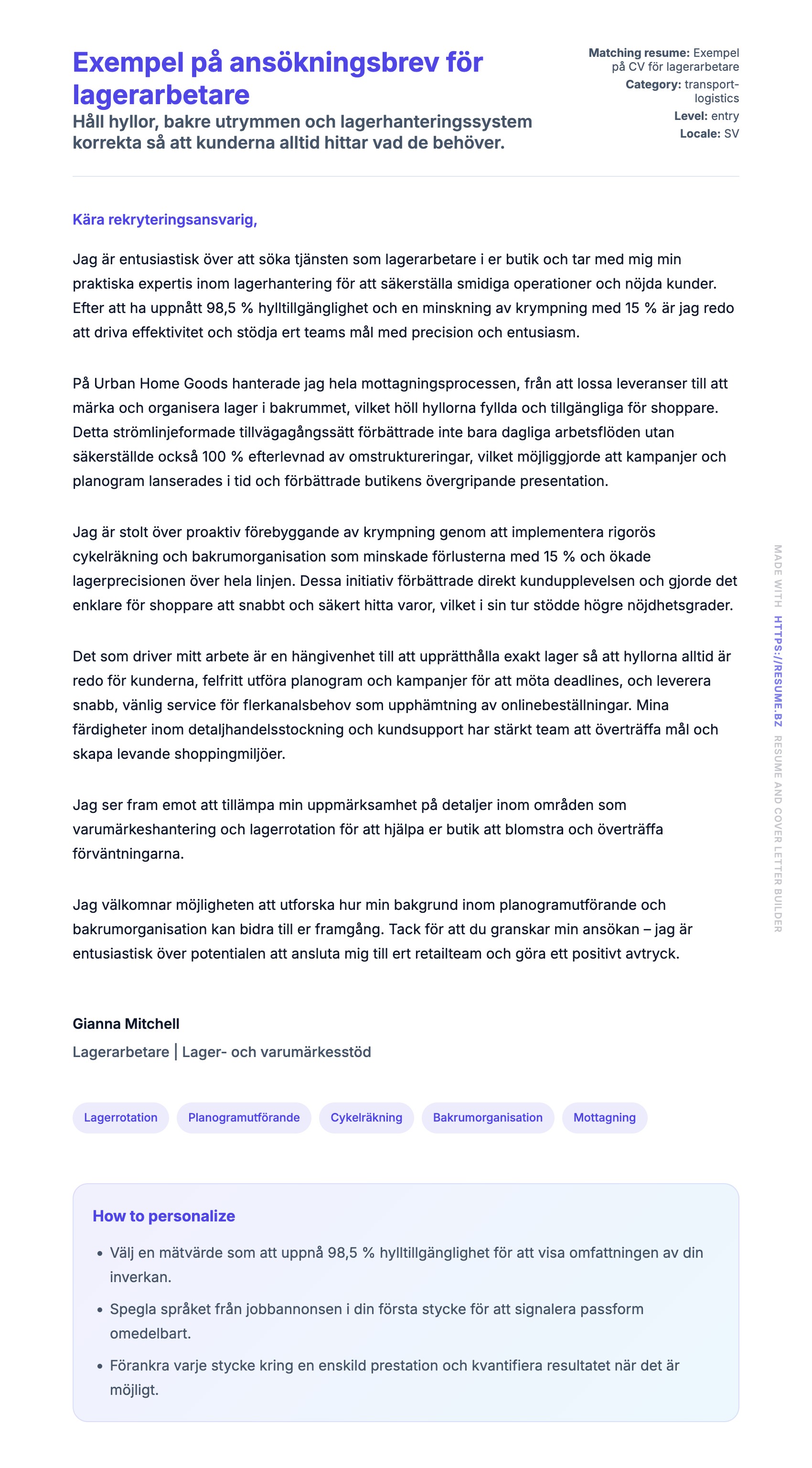 Förhandsgranskning av motivationsbrev för Exempel på ansökningsbrev för lagerarbetare