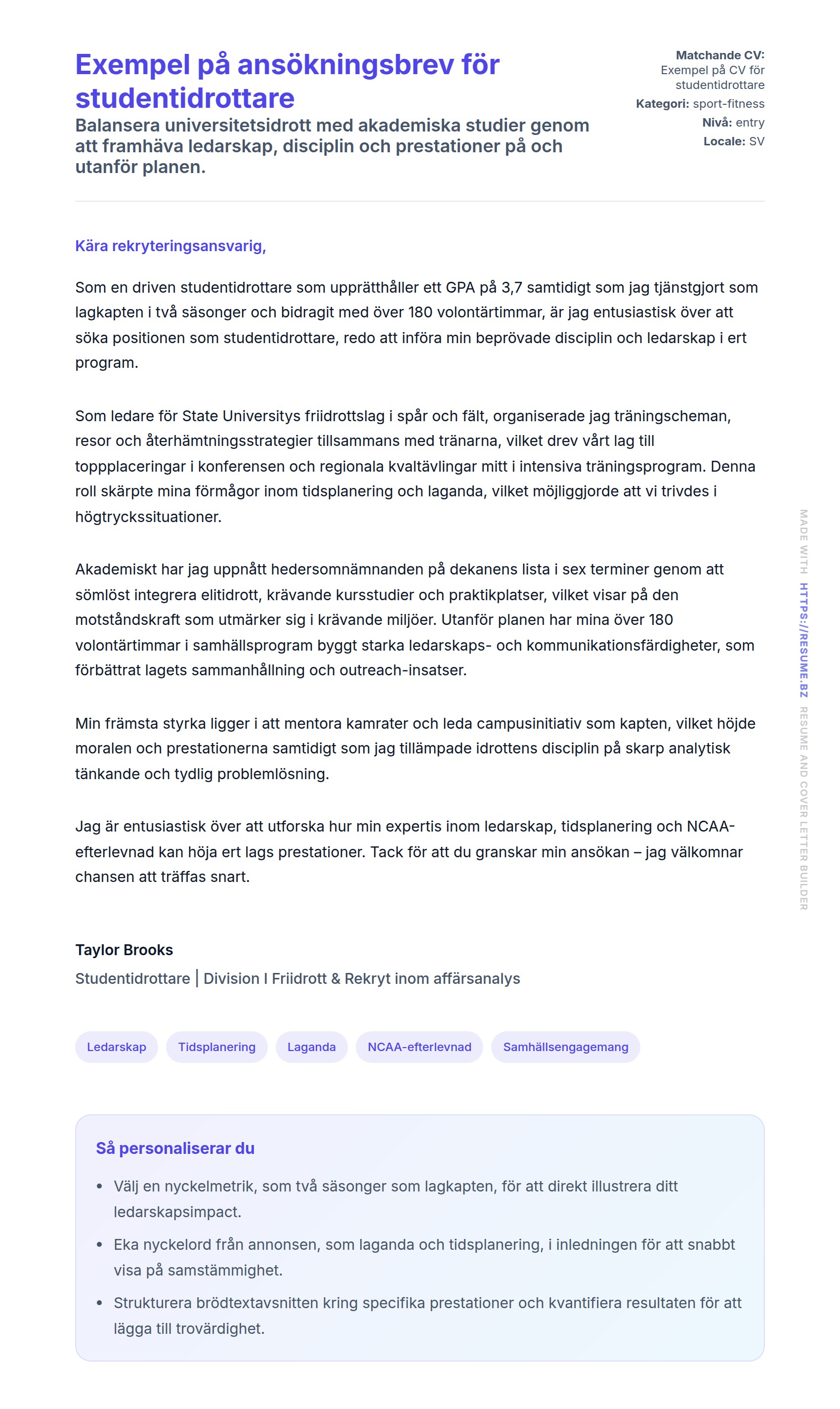 Förhandsgranskning av motivationsbrev för Exempel på ansökningsbrev för studentidrottare