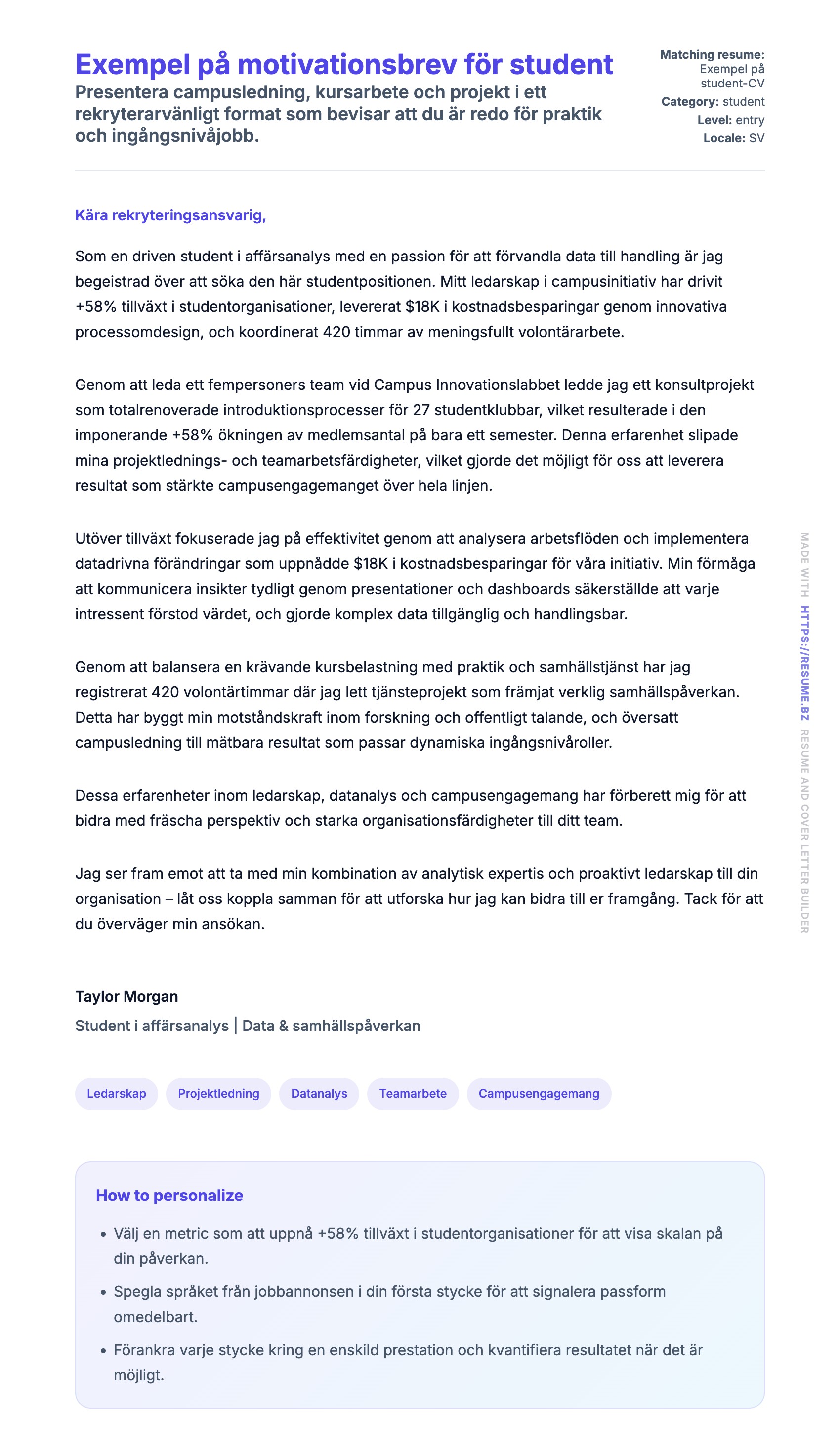 Förhandsgranskning av motivationsbrev för Exempel på motivationsbrev för student