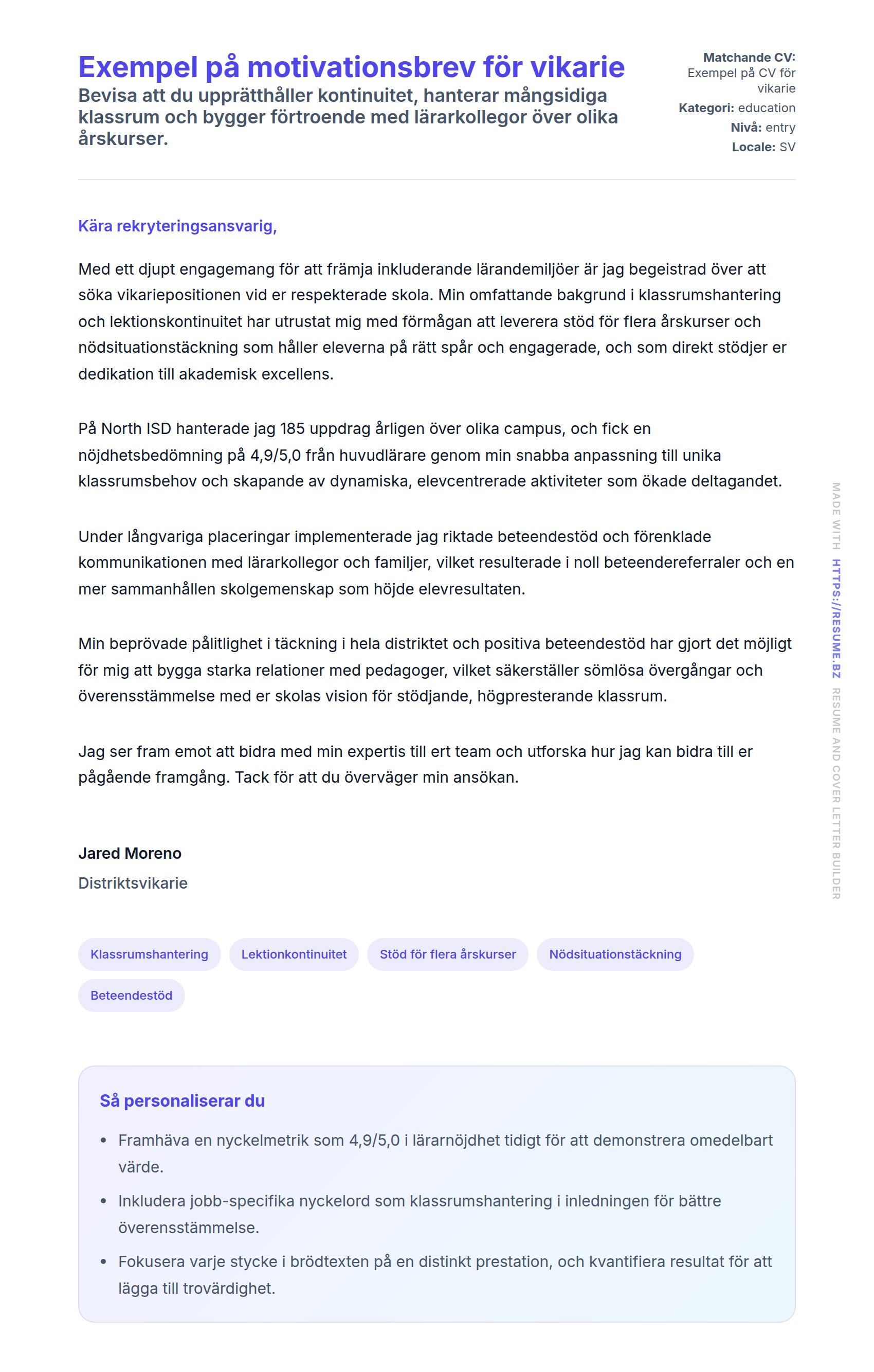 Förhandsgranskning av motivationsbrev för Exempel på motivationsbrev för vikarie