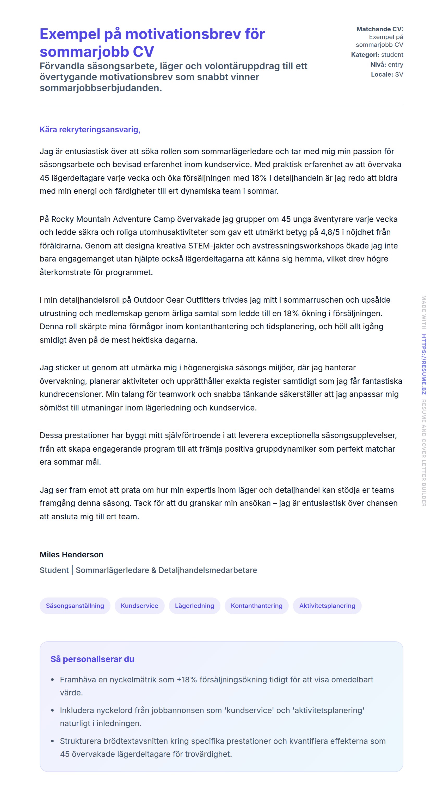Förhandsgranskning av motivationsbrev för Exempel på motivationsbrev för sommarjobb CV