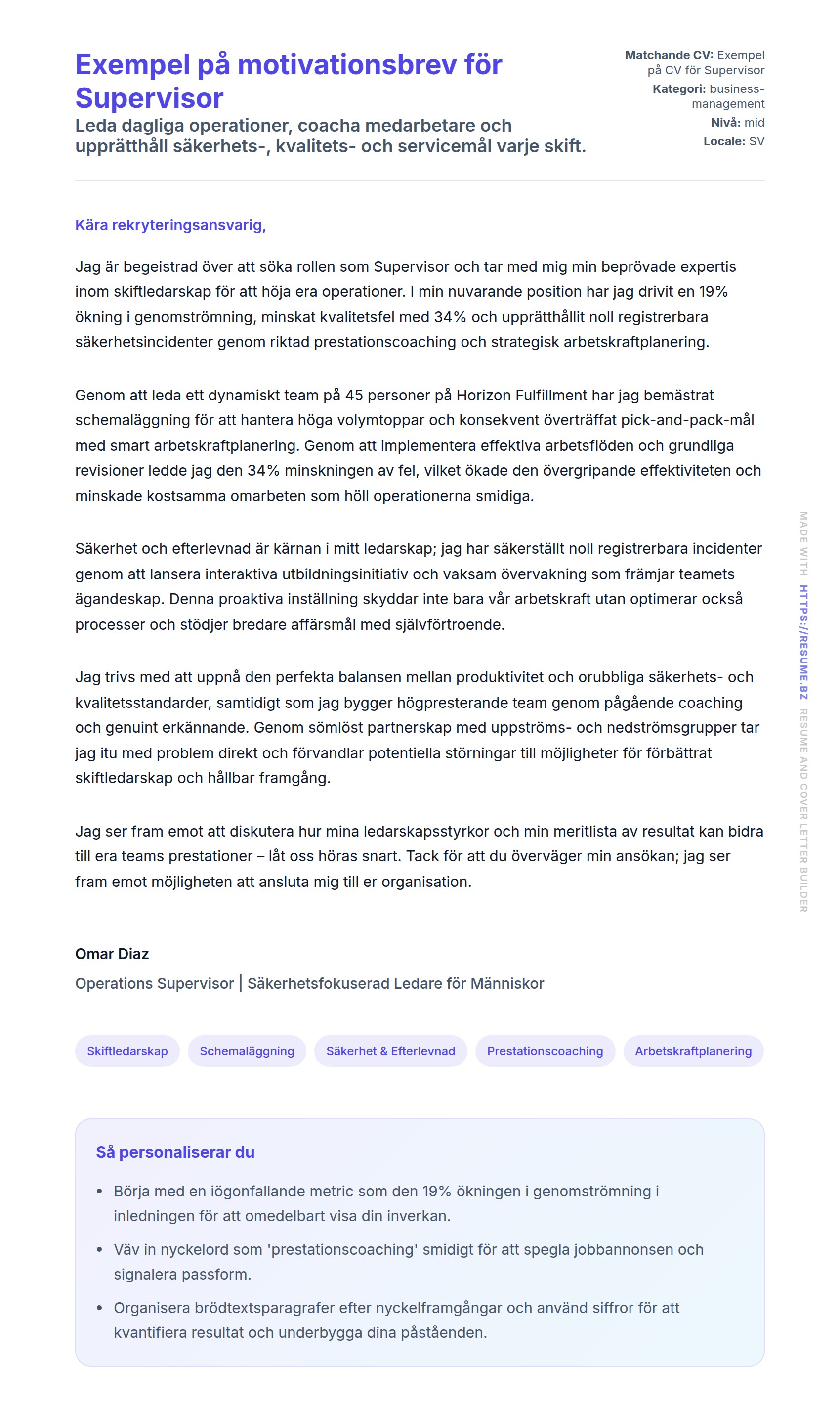 Förhandsgranskning av motivationsbrev för Exempel på motivationsbrev för Supervisor