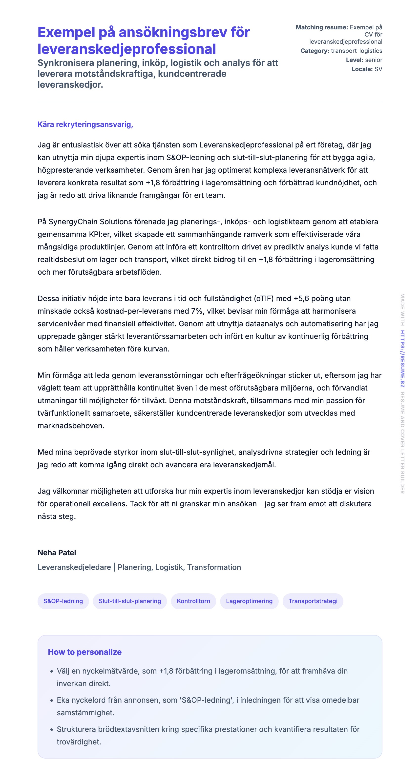 Förhandsgranskning av motivationsbrev för Exempel på ansökningsbrev för leveranskedjeprofessional