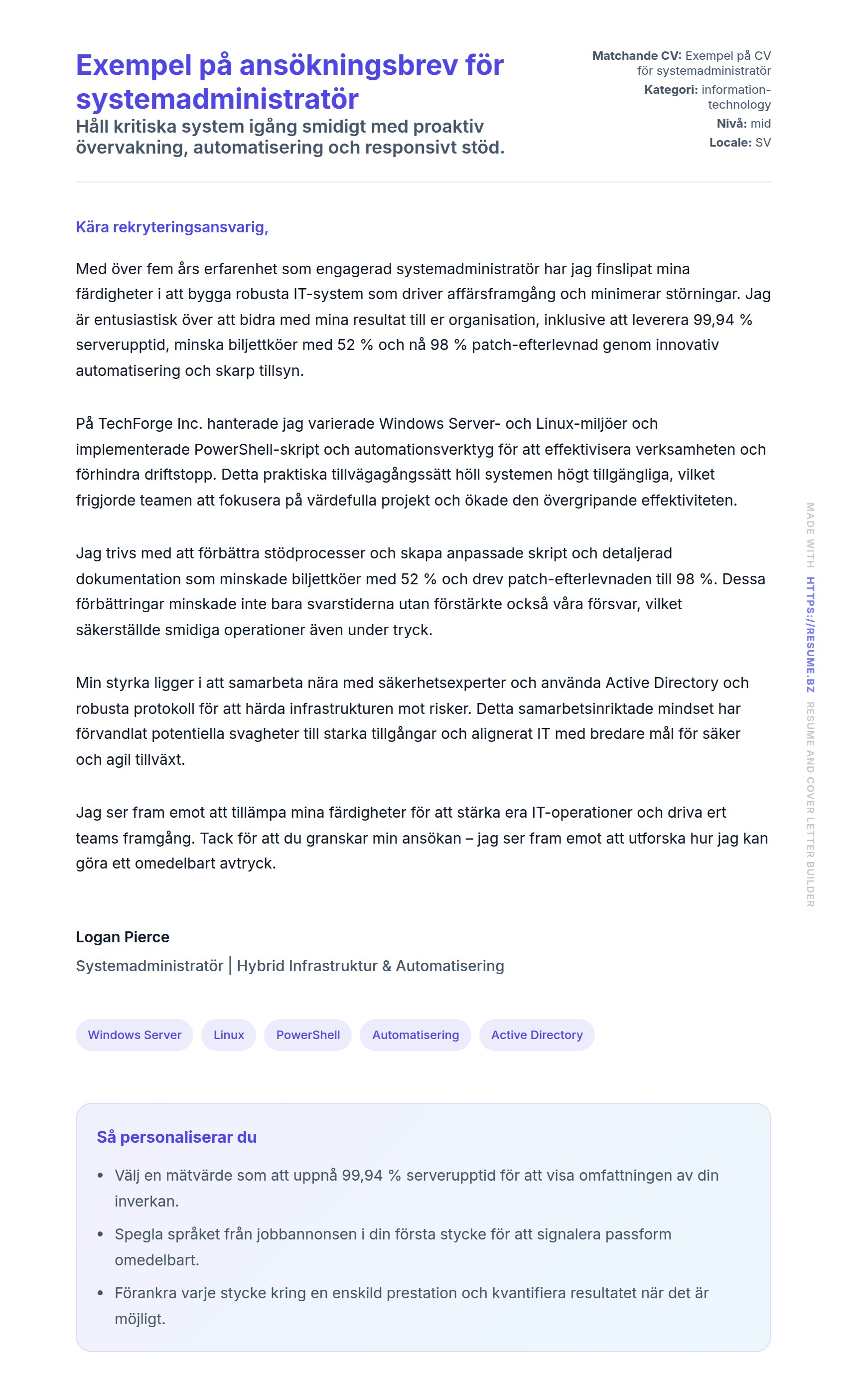 Förhandsgranskning av motivationsbrev för Exempel på ansökningsbrev för systemadministratör