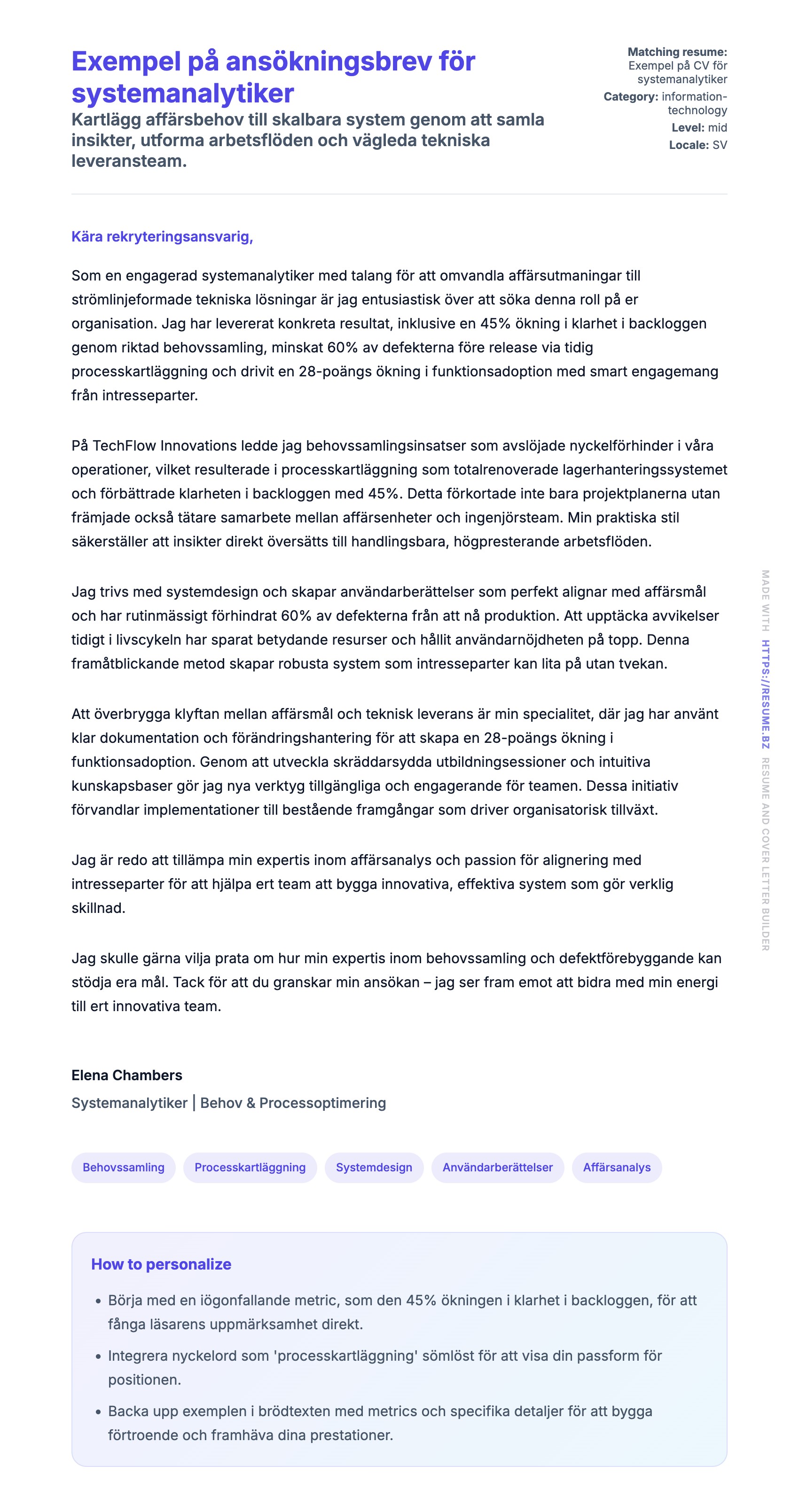 Förhandsgranskning av motivationsbrev för Exempel på ansökningsbrev för systemanalytiker