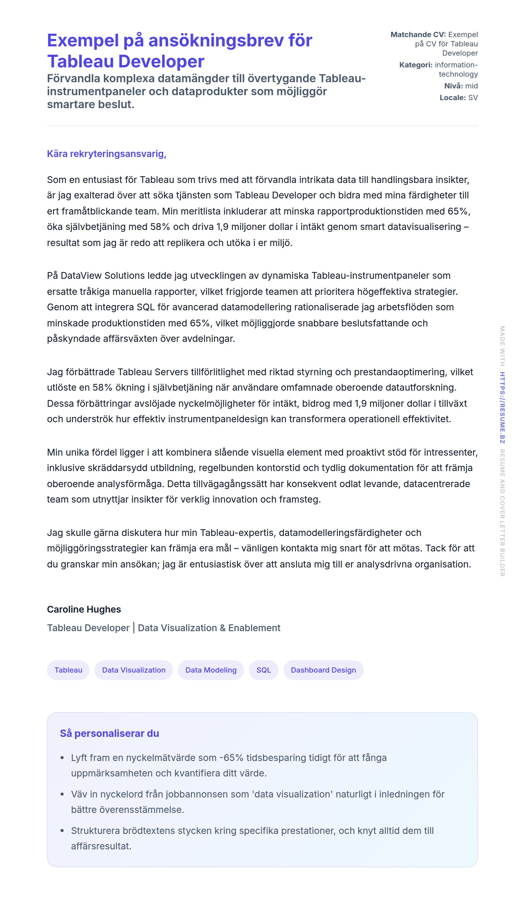 Förhandsgranskning av motivationsbrev för Exempel på ansökningsbrev för Tableau Developer