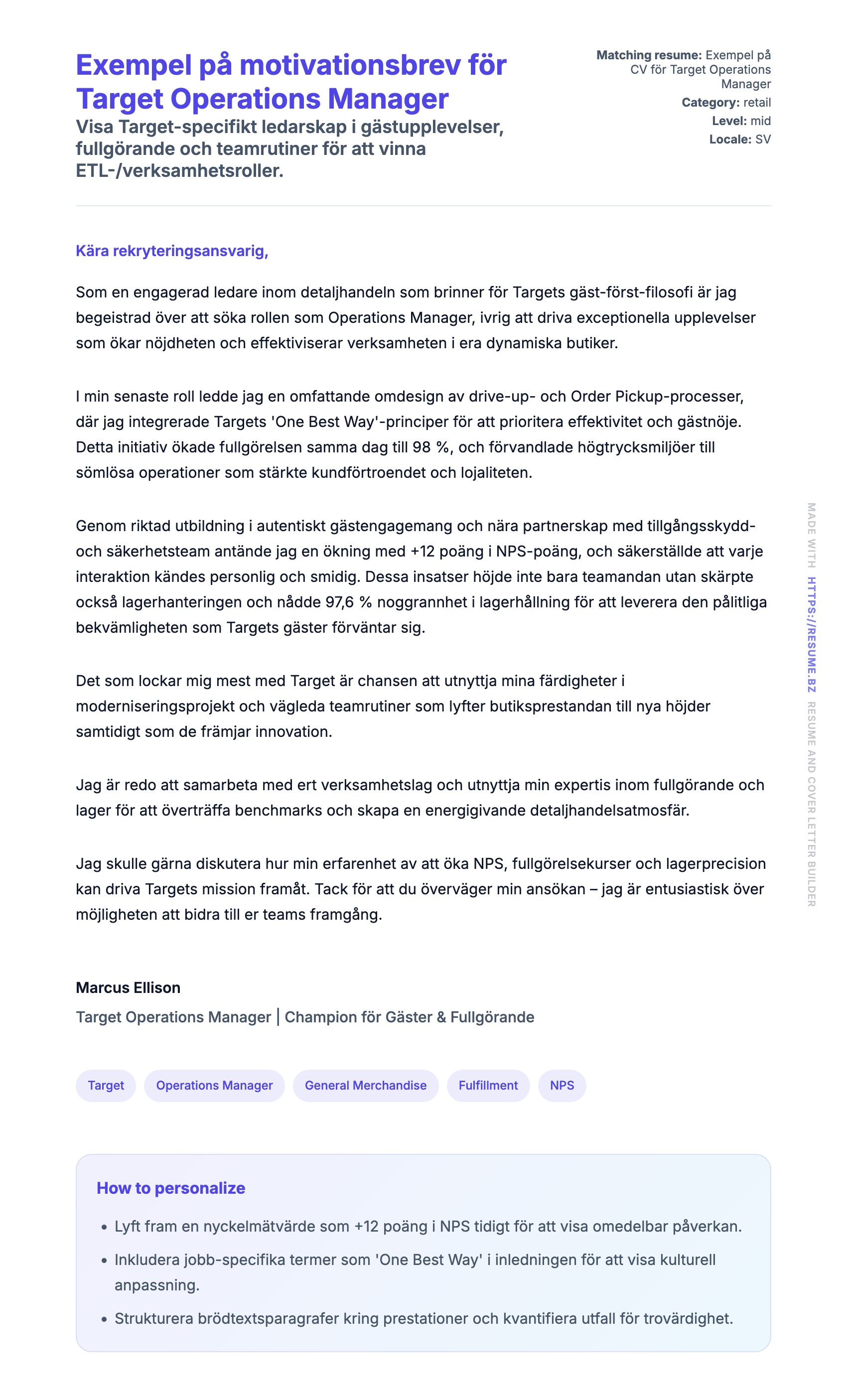 Förhandsgranskning av motivationsbrev för Exempel på motivationsbrev för Target Operations Manager