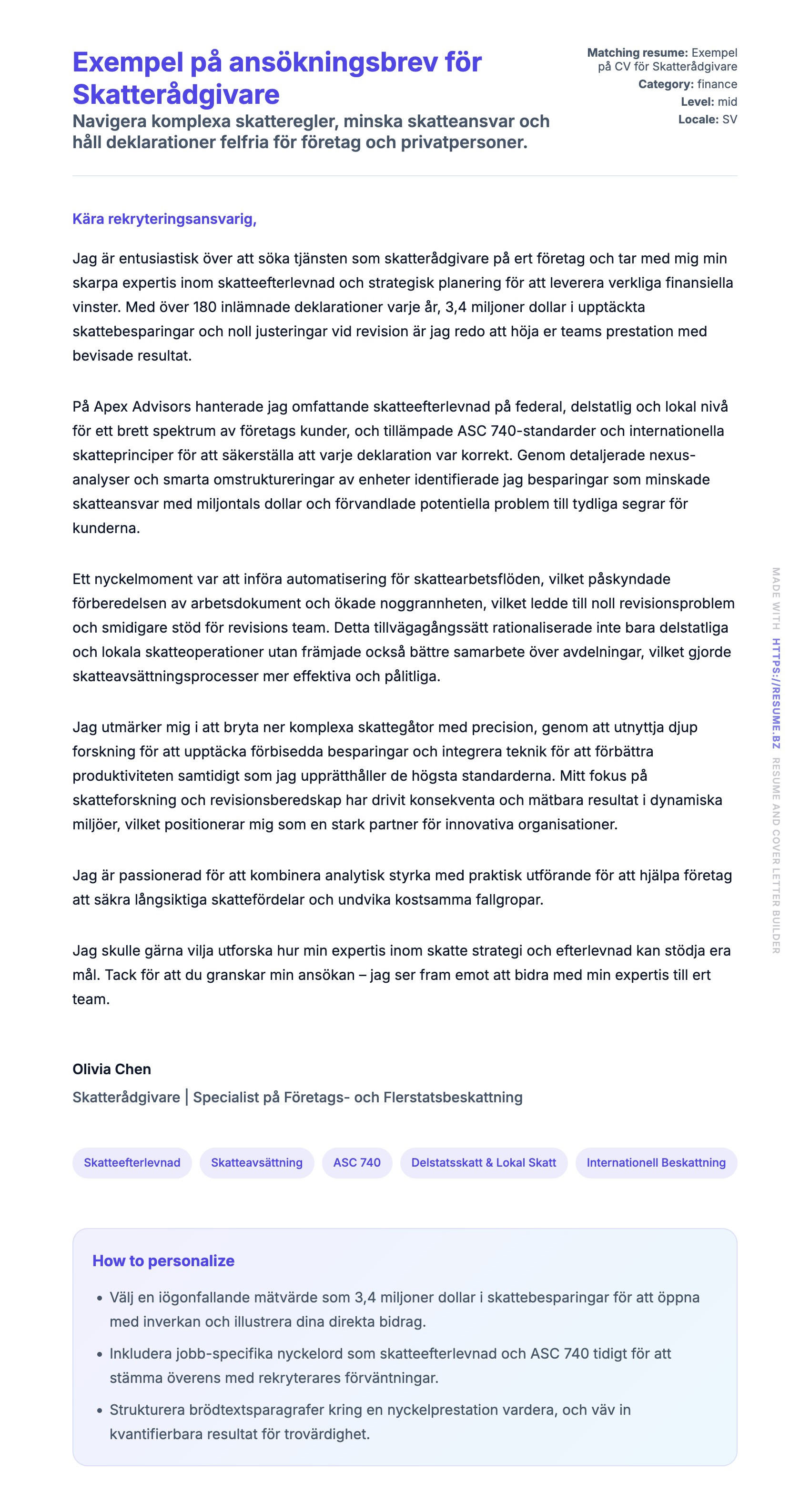 Förhandsgranskning av motivationsbrev för Exempel på ansökningsbrev för Skatterådgivare