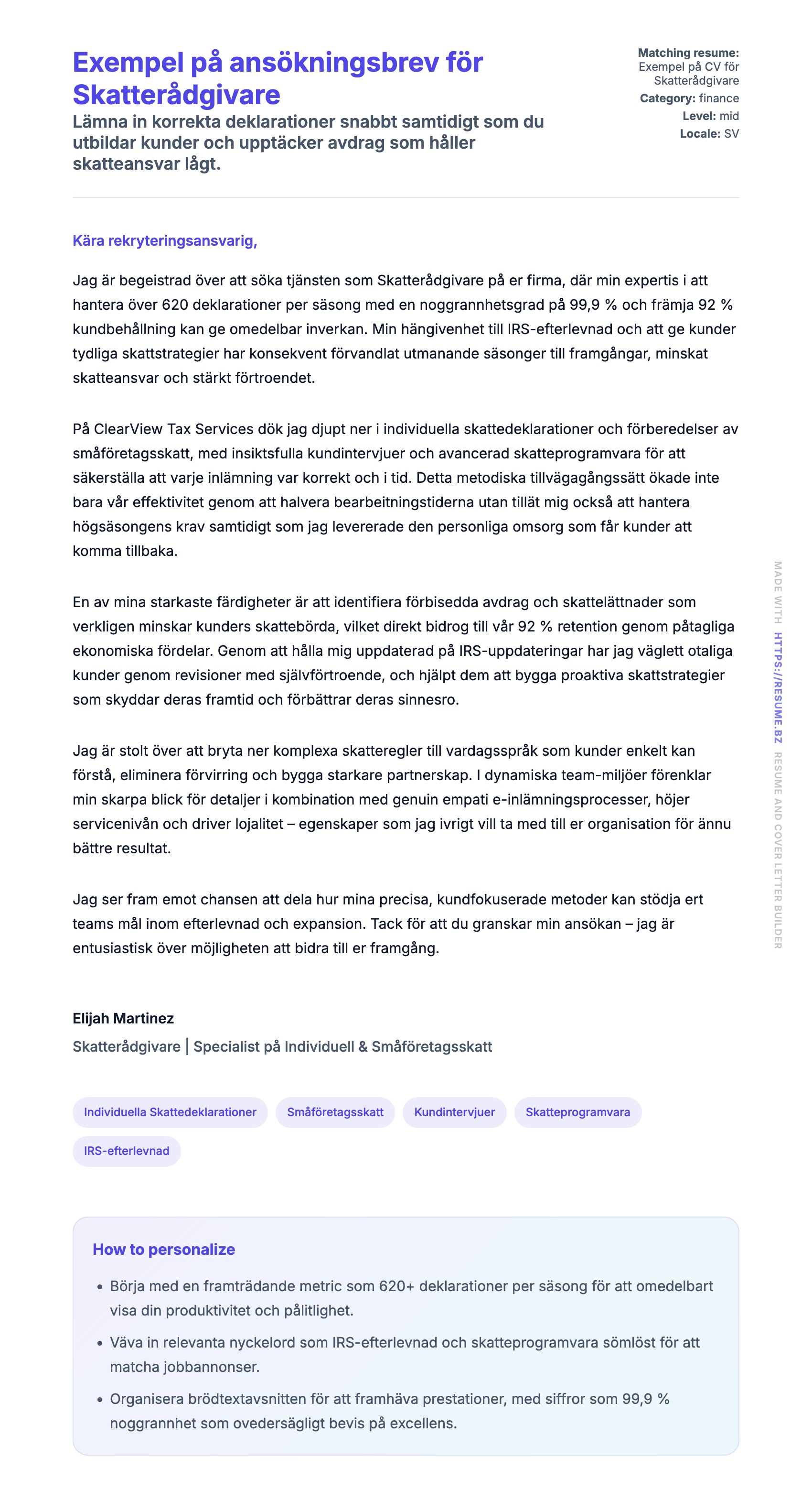 Förhandsgranskning av motivationsbrev för Exempel på ansökningsbrev för Skatterådgivare
