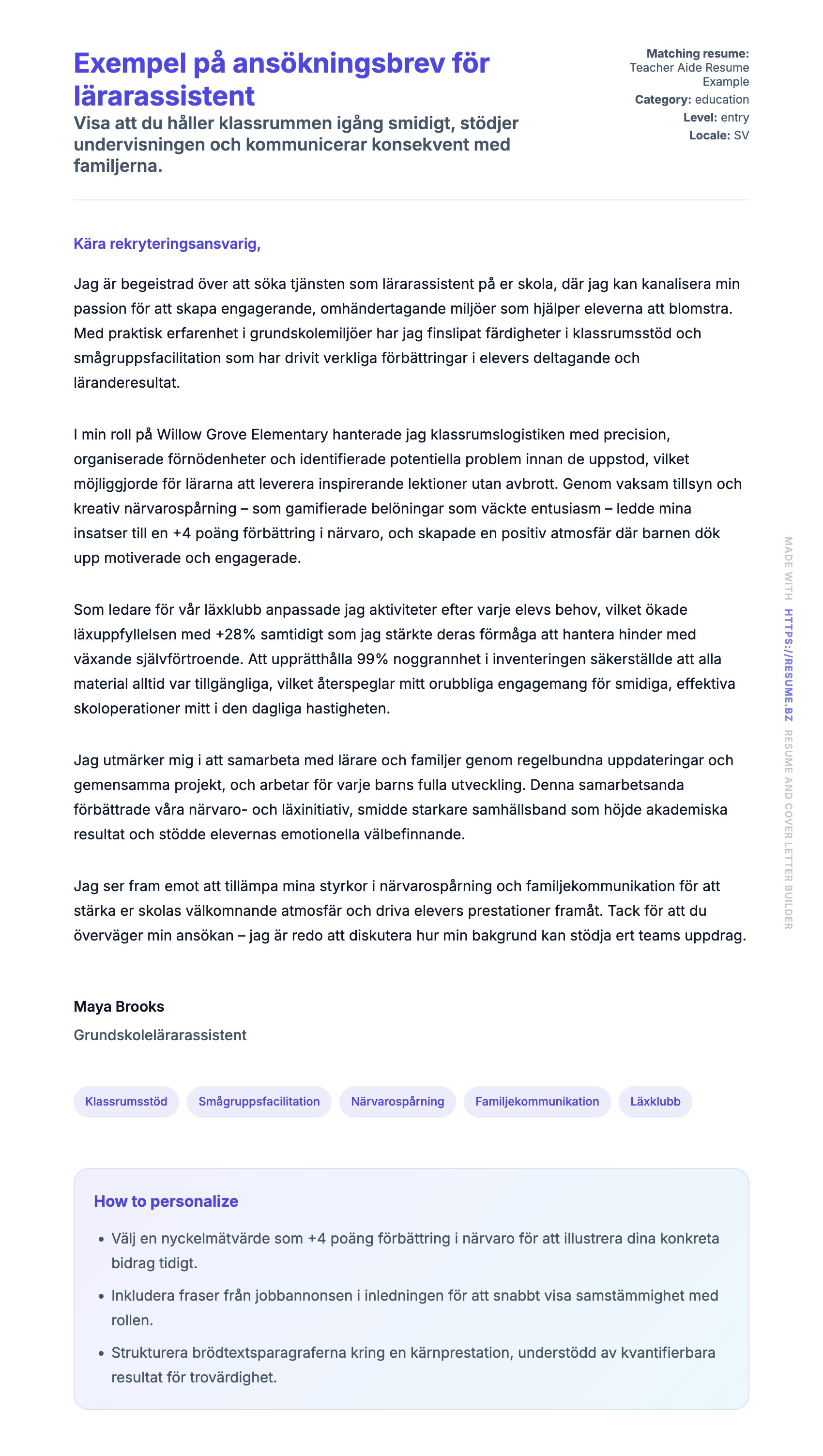 Förhandsgranskning av motivationsbrev för Exempel på ansökningsbrev för lärarassistent