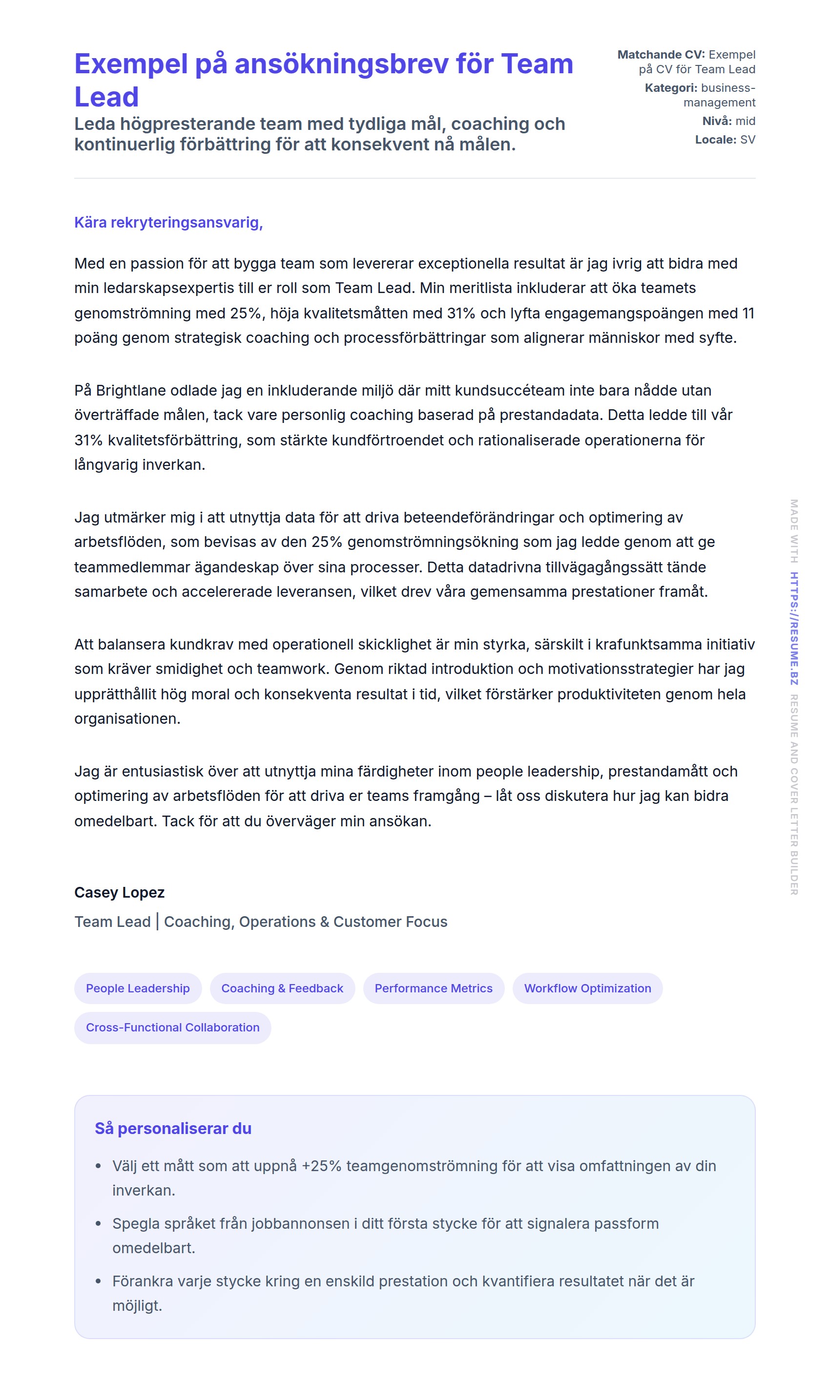 Förhandsgranskning av motivationsbrev för Exempel på ansökningsbrev för Team Lead
