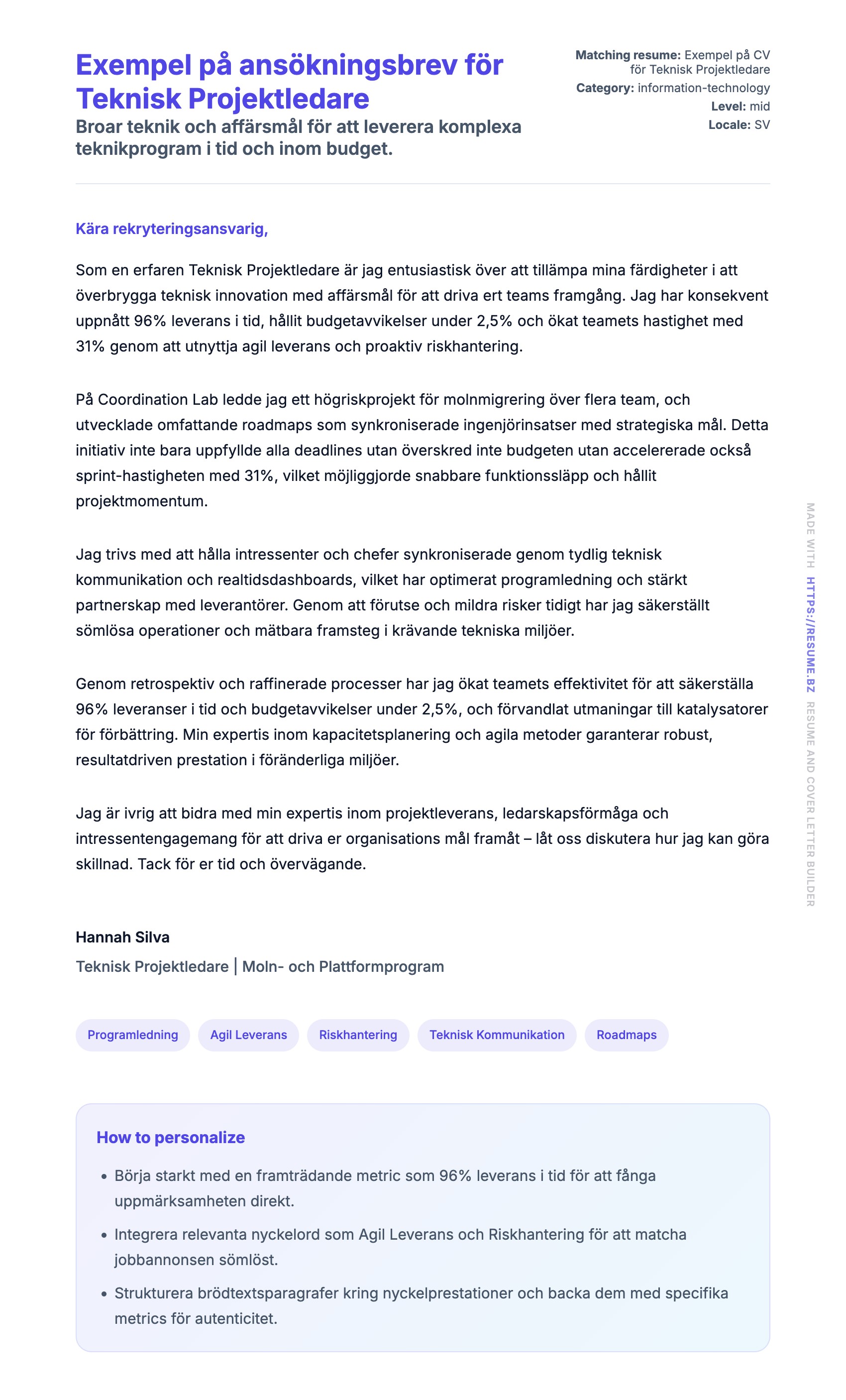 Förhandsgranskning av motivationsbrev för Exempel på ansökningsbrev för Teknisk Projektledare