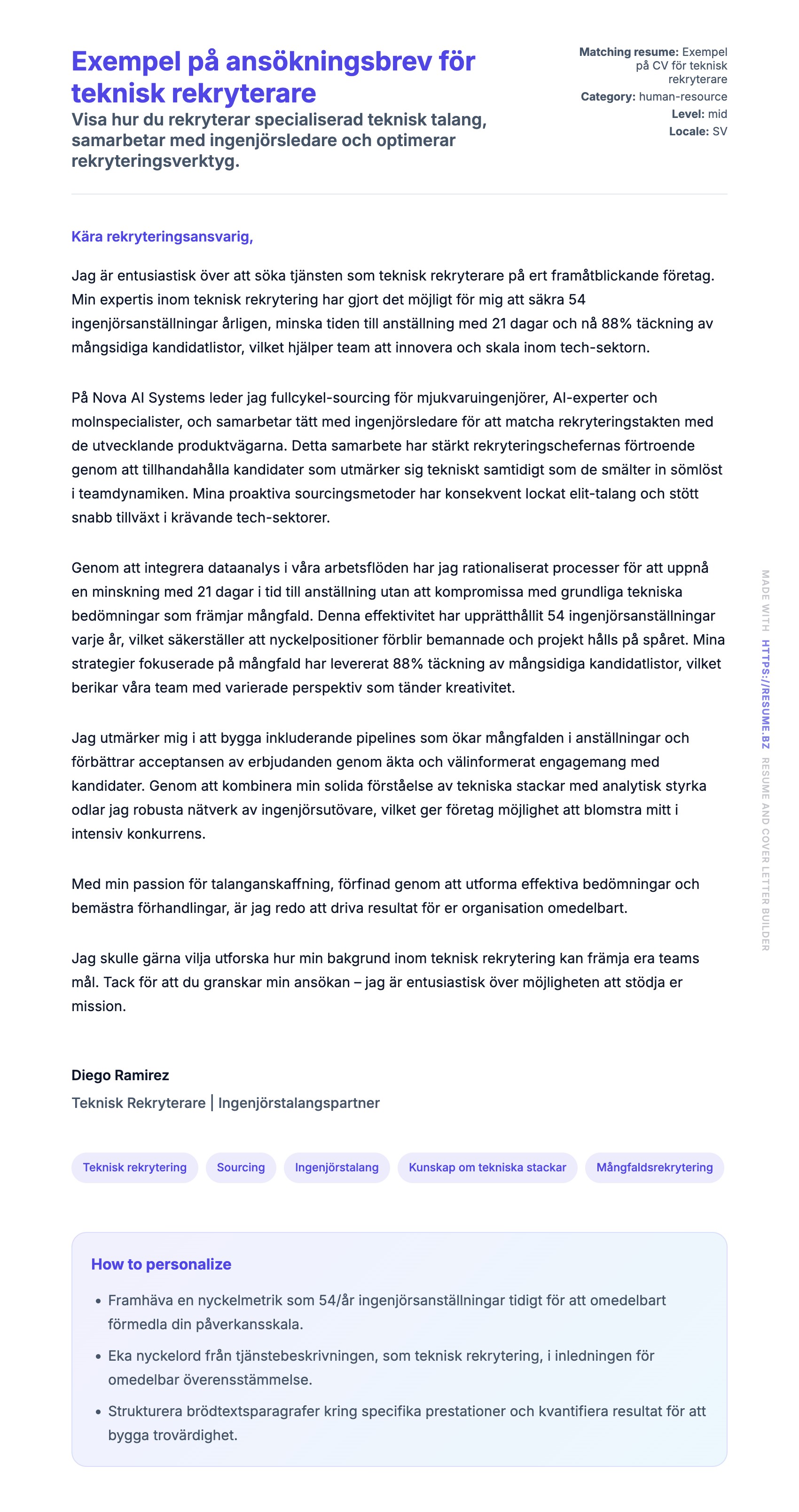 Förhandsgranskning av motivationsbrev för Exempel på ansökningsbrev för teknisk rekryterare