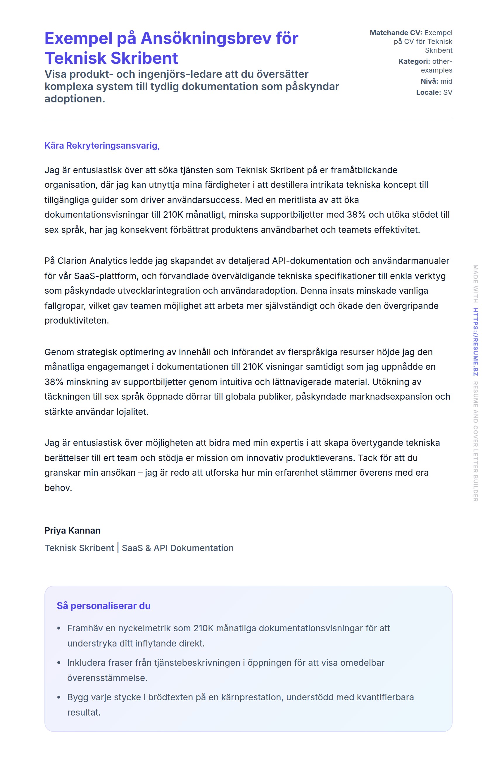 Förhandsgranskning av motivationsbrev för Exempel på Ansökningsbrev för Teknisk Skribent