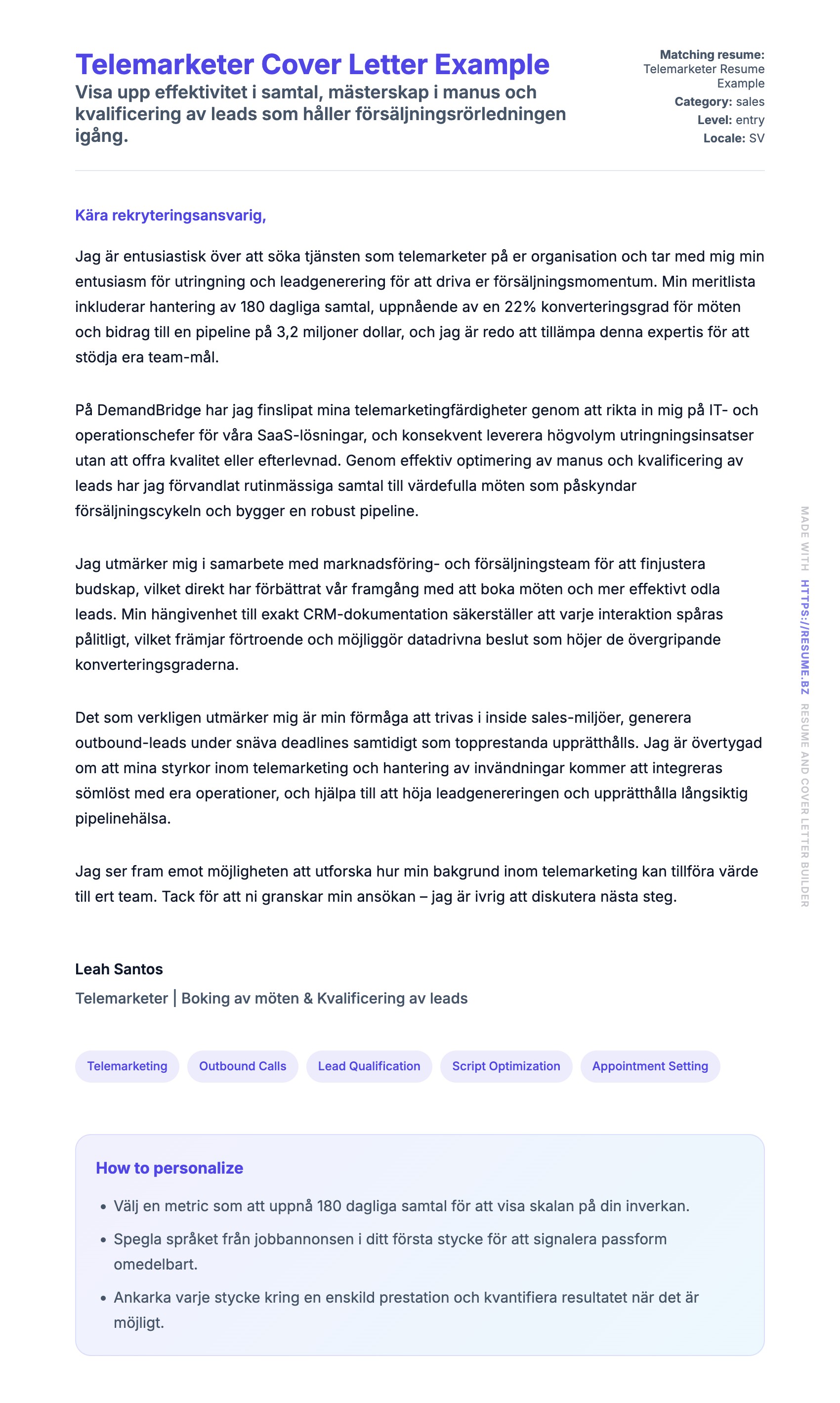 Förhandsgranskning av motivationsbrev för Telemarketer Cover Letter Example