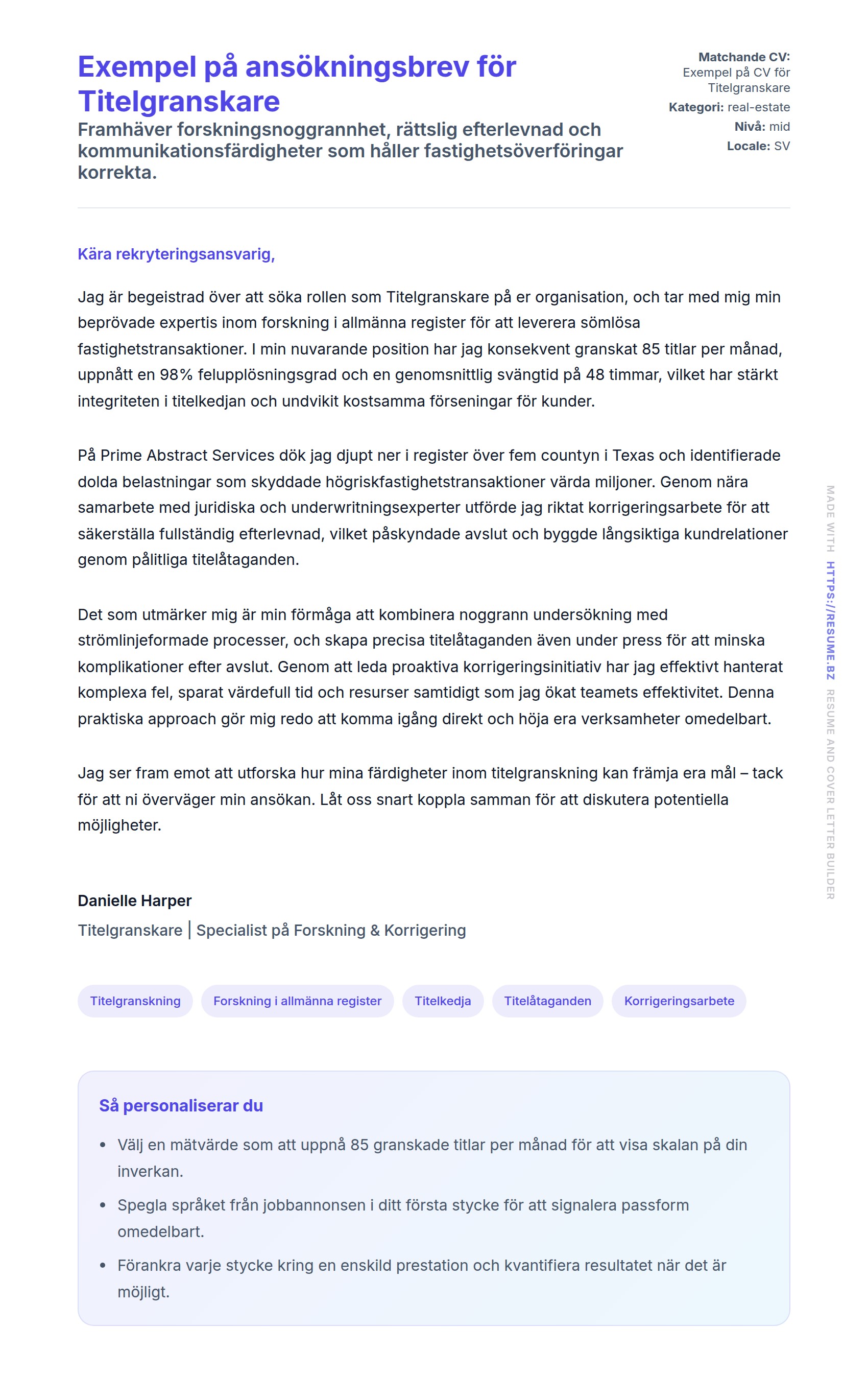 Förhandsgranskning av motivationsbrev för Exempel på ansökningsbrev för Titelgranskare