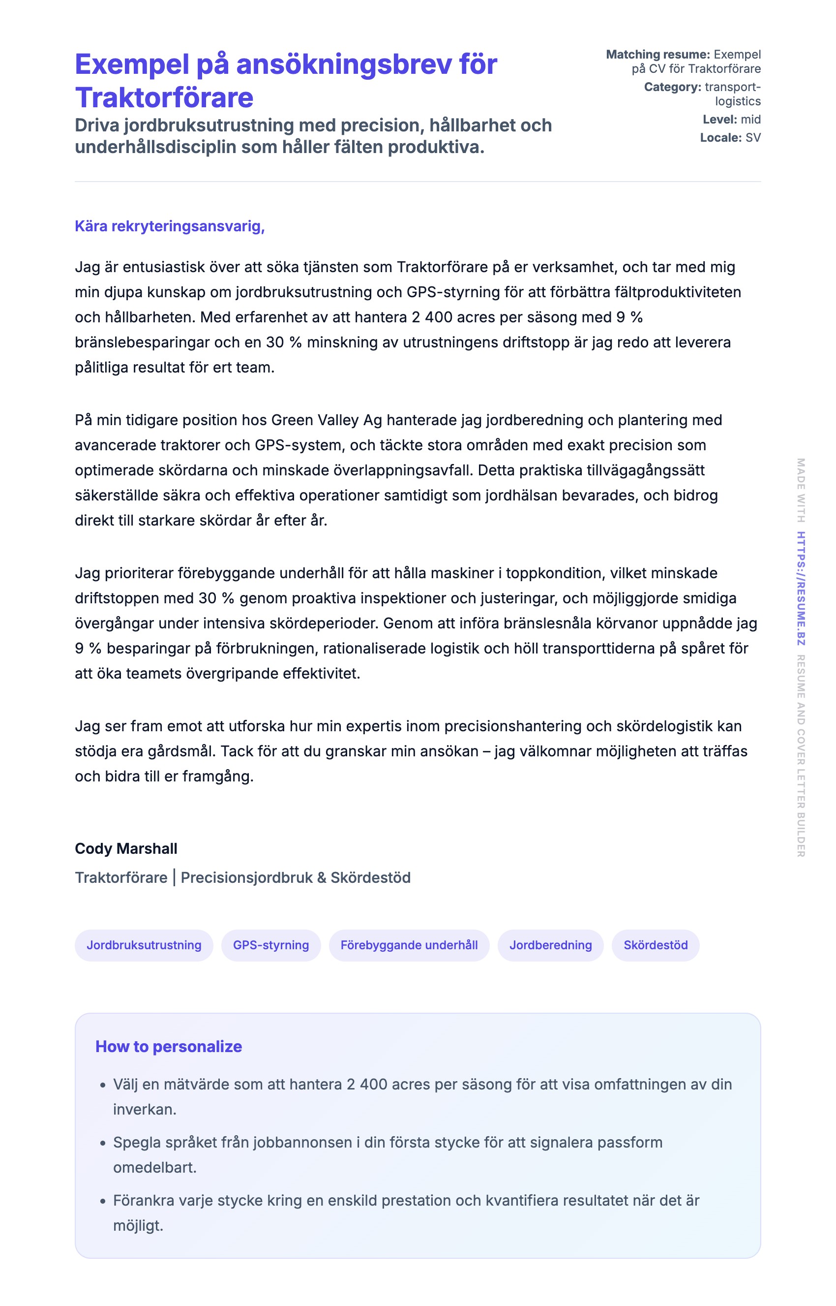 Förhandsgranskning av motivationsbrev för Exempel på ansökningsbrev för Traktorförare