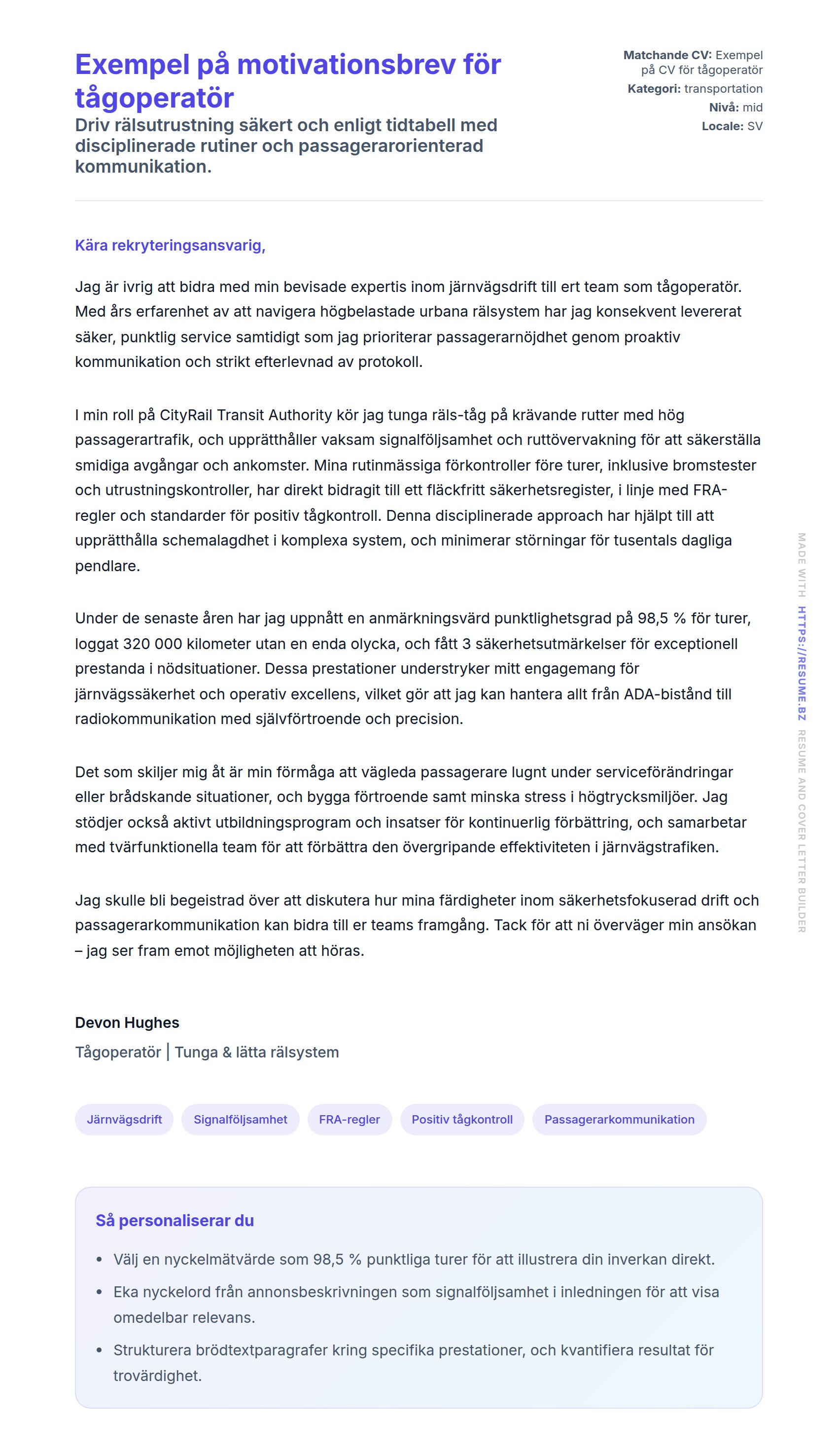 Förhandsgranskning av motivationsbrev för Exempel på motivationsbrev för tågoperatör