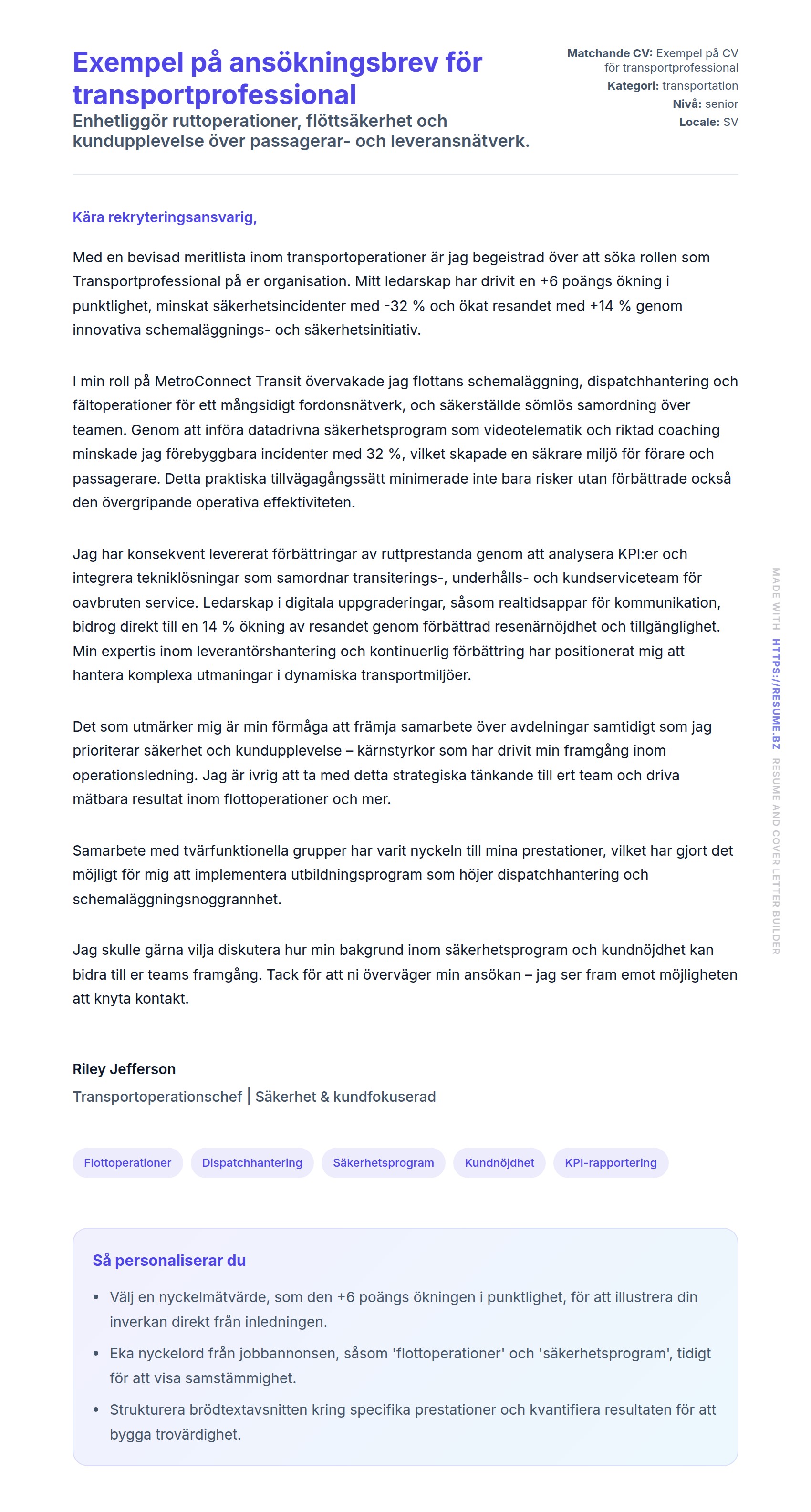 Förhandsgranskning av motivationsbrev för Exempel på ansökningsbrev för transportprofessional