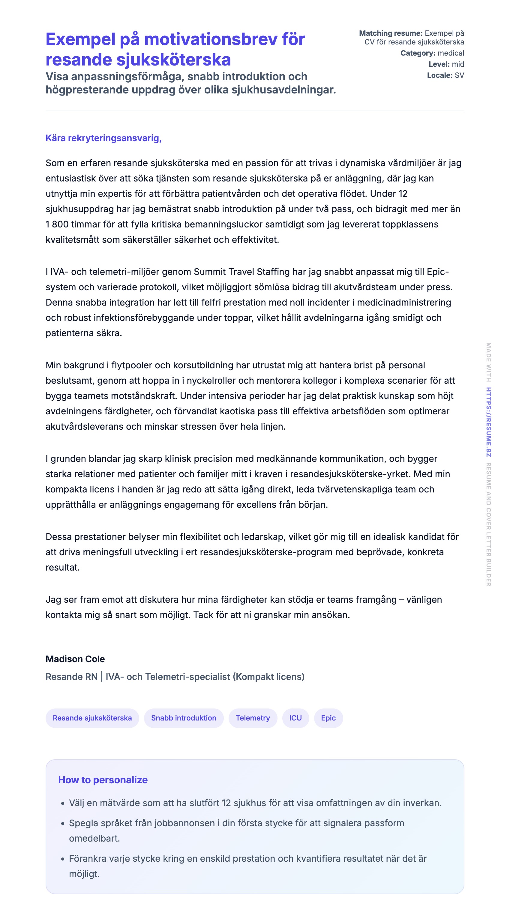Förhandsgranskning av motivationsbrev för Exempel på motivationsbrev för resande sjuksköterska