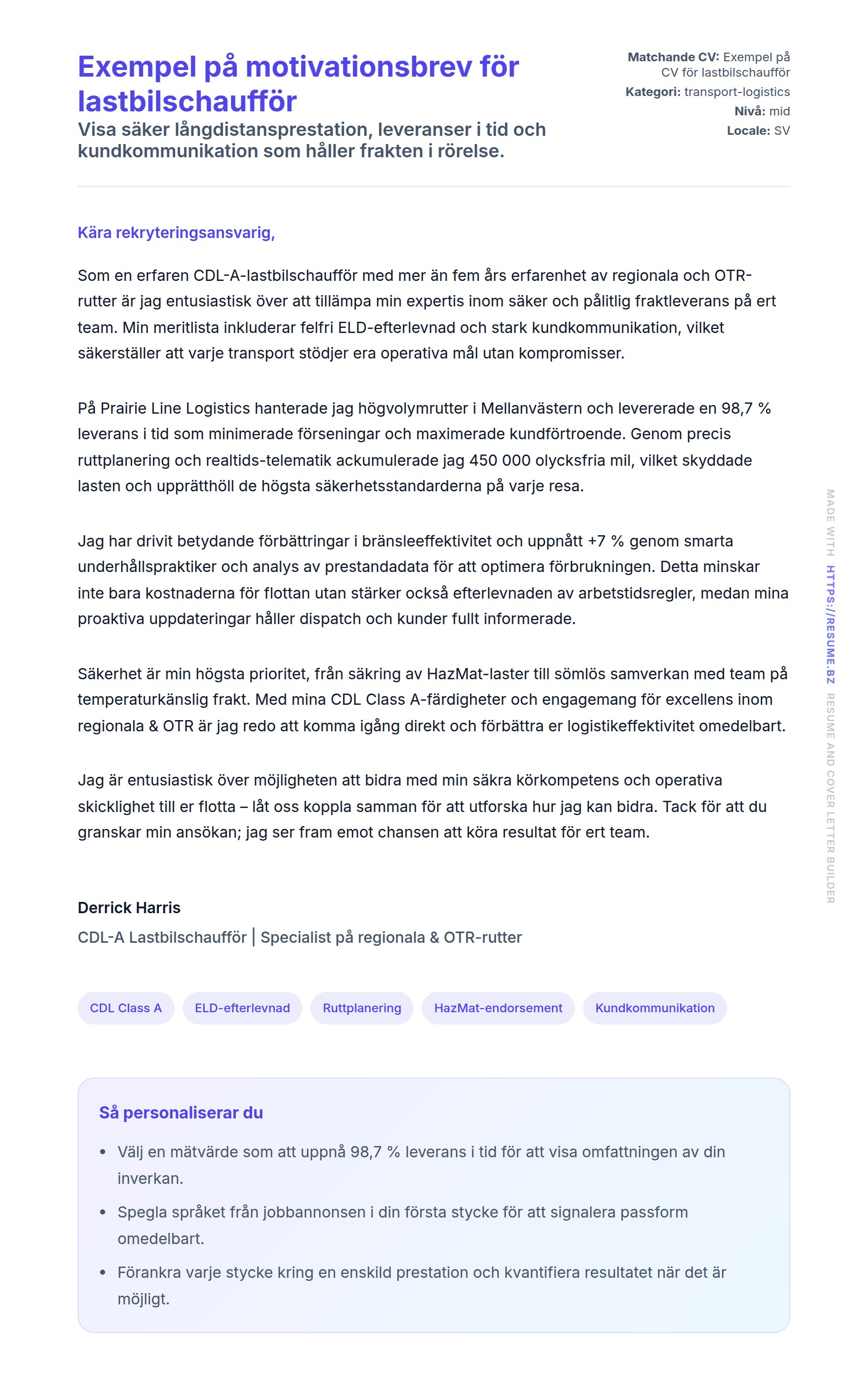 Förhandsgranskning av motivationsbrev för Exempel på motivationsbrev för lastbilschaufför