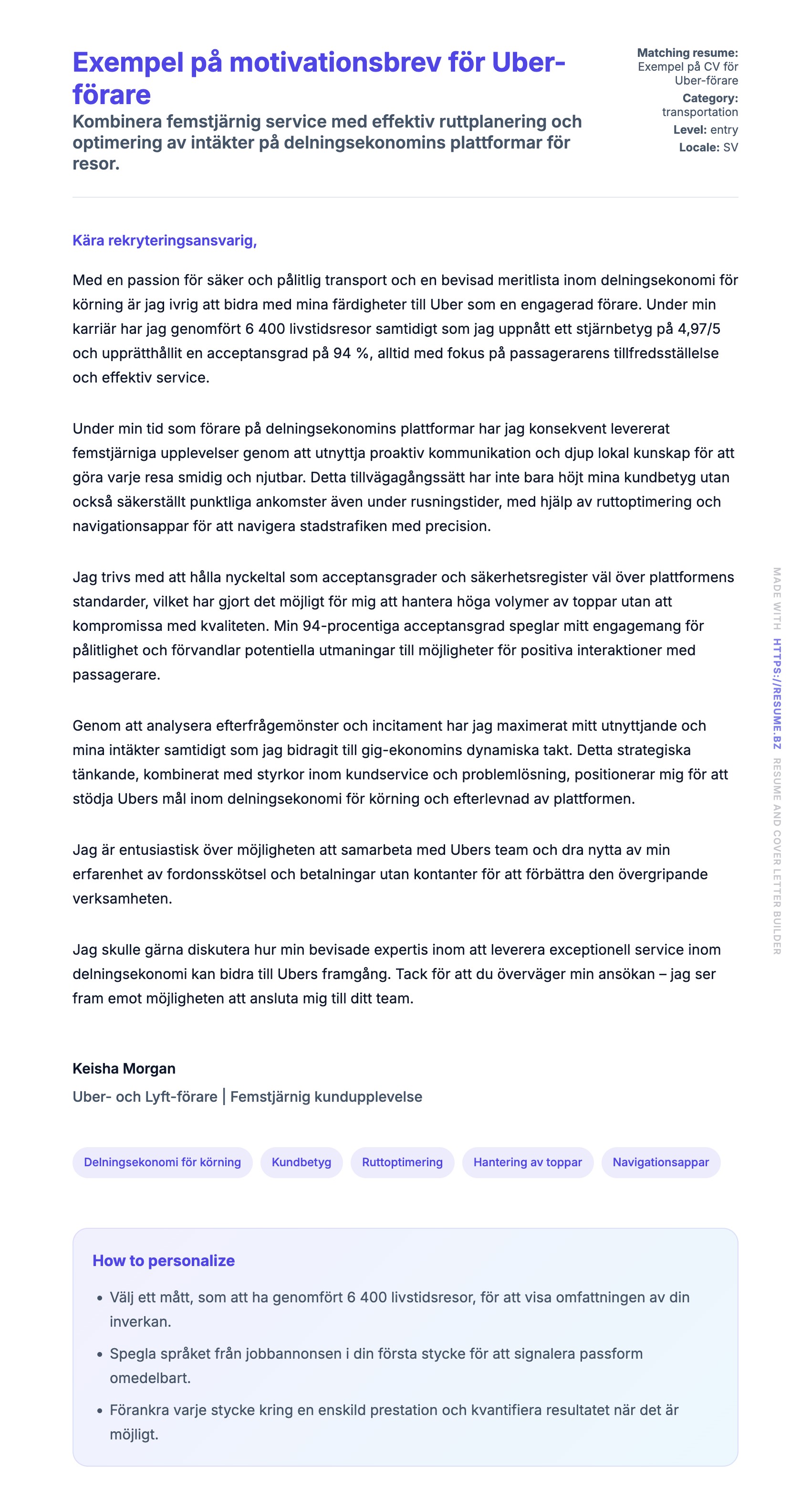 Förhandsgranskning av motivationsbrev för Exempel på motivationsbrev för Uber-förare