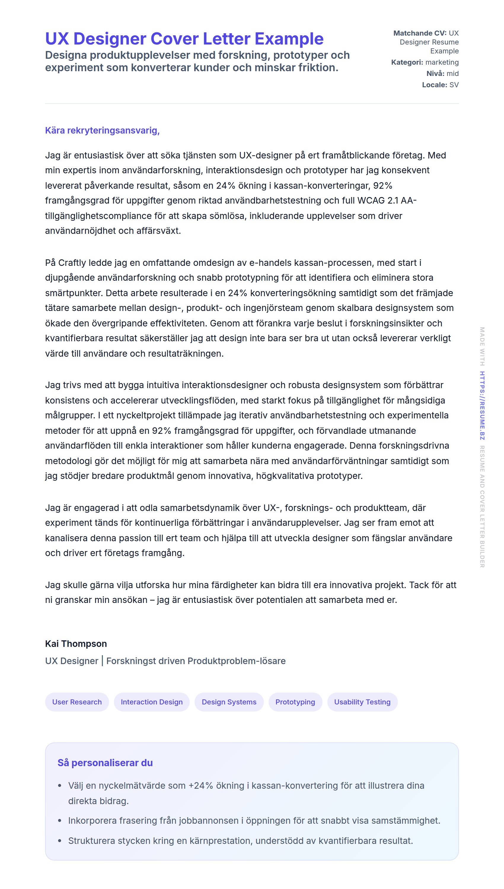 Förhandsgranskning av motivationsbrev för UX Designer Cover Letter Example