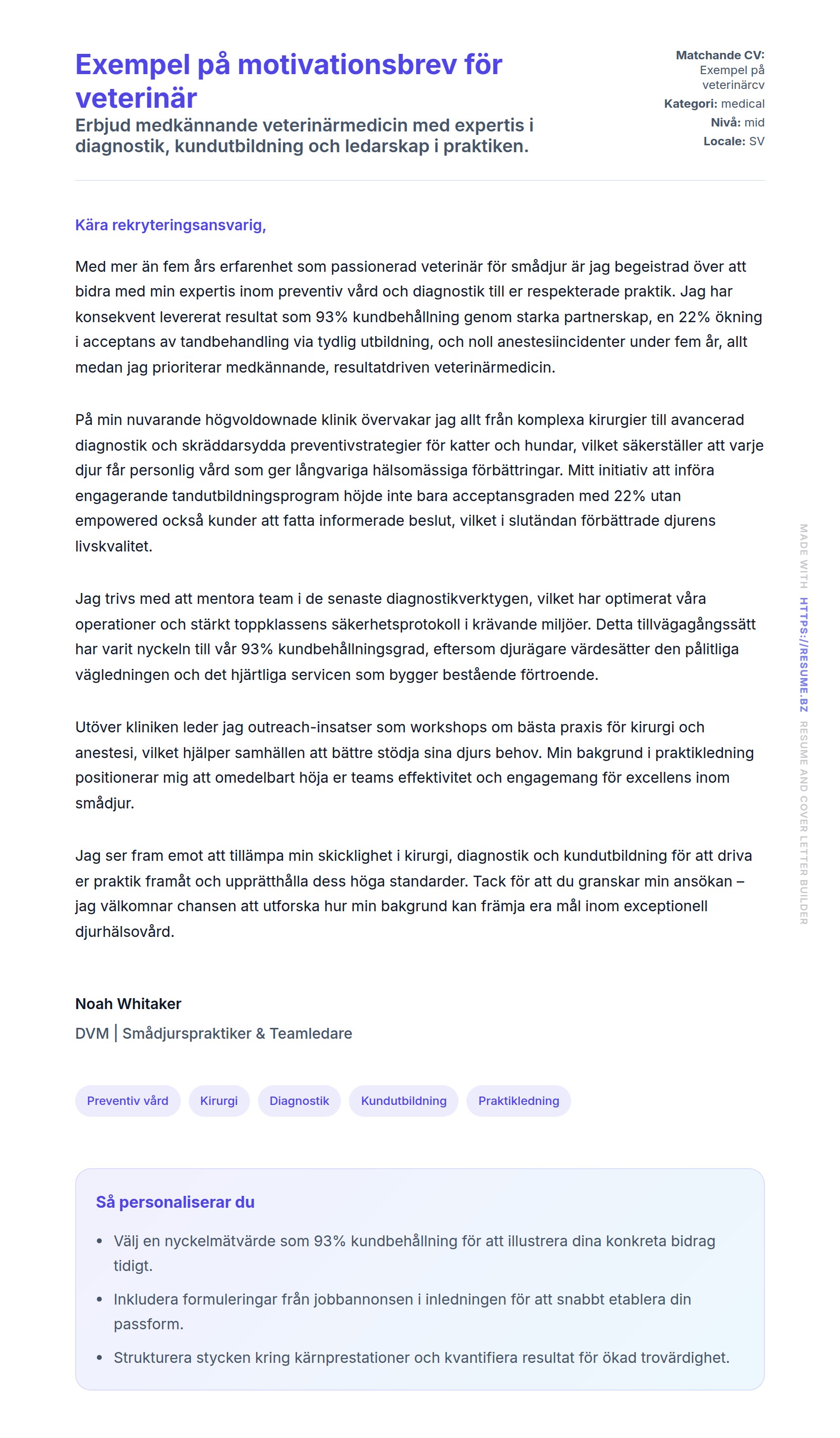 Förhandsgranskning av motivationsbrev för Exempel på motivationsbrev för veterinär