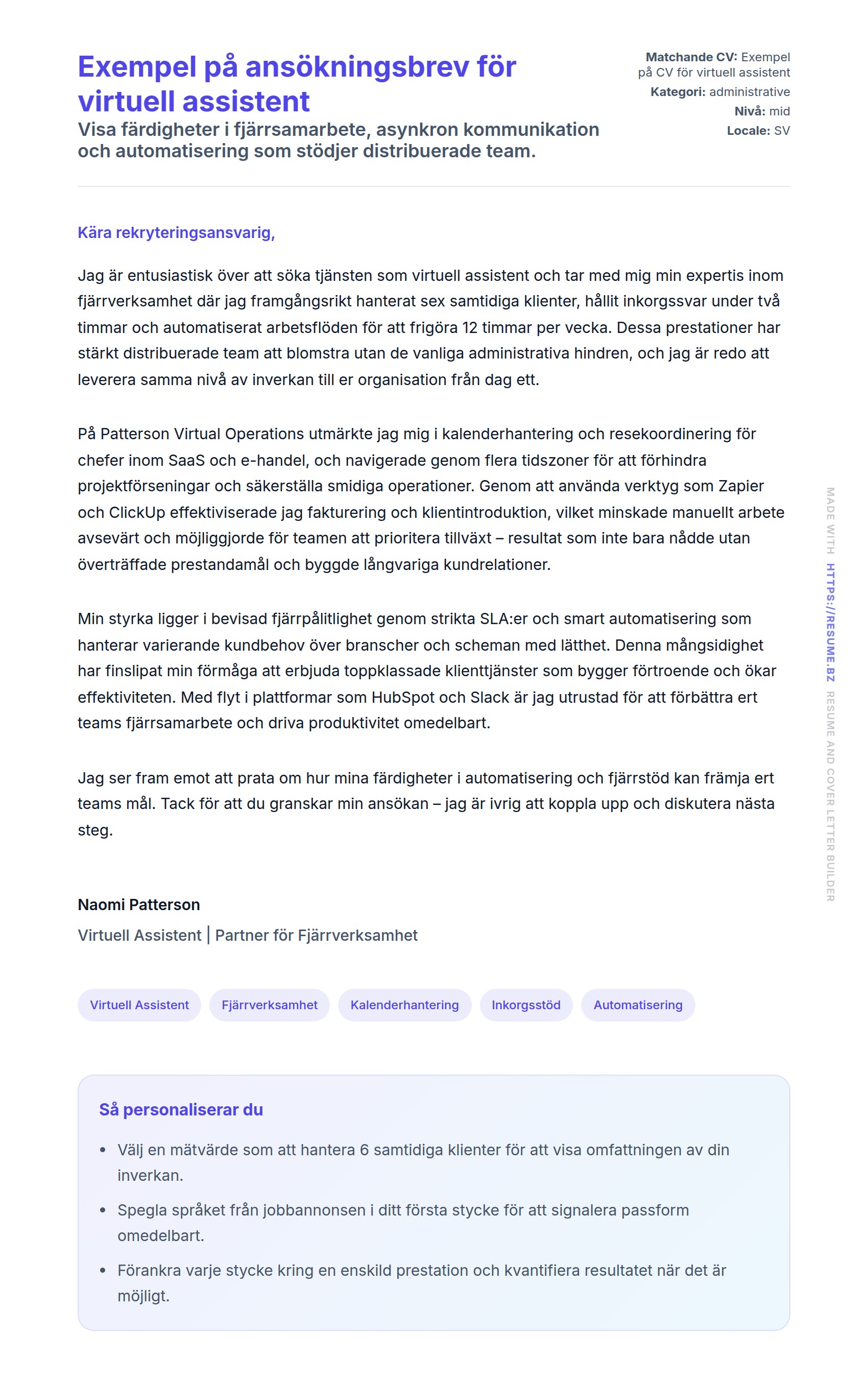Förhandsgranskning av motivationsbrev för Exempel på ansökningsbrev för virtuell assistent