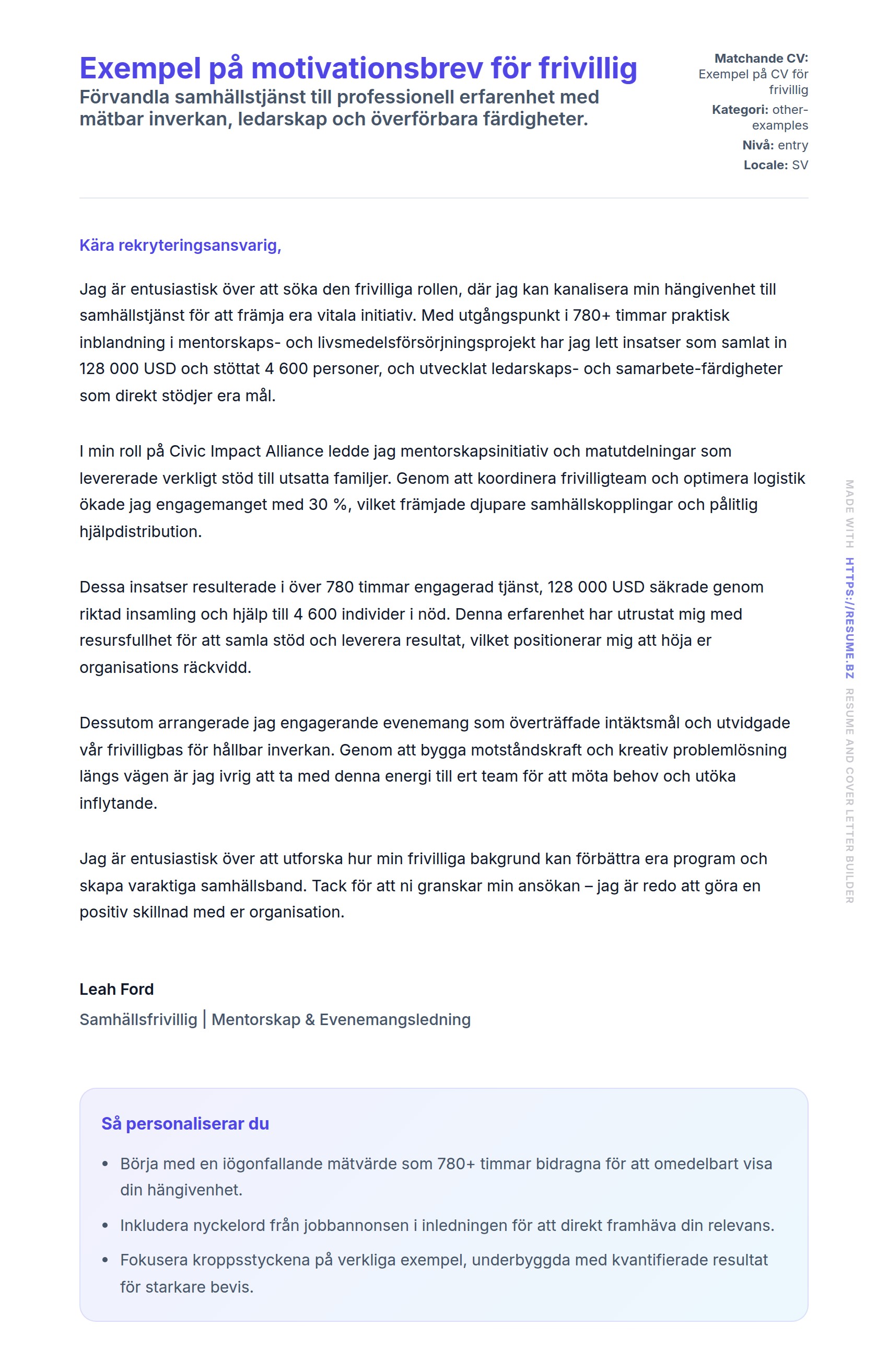 Förhandsgranskning av motivationsbrev för Exempel på motivationsbrev för frivillig