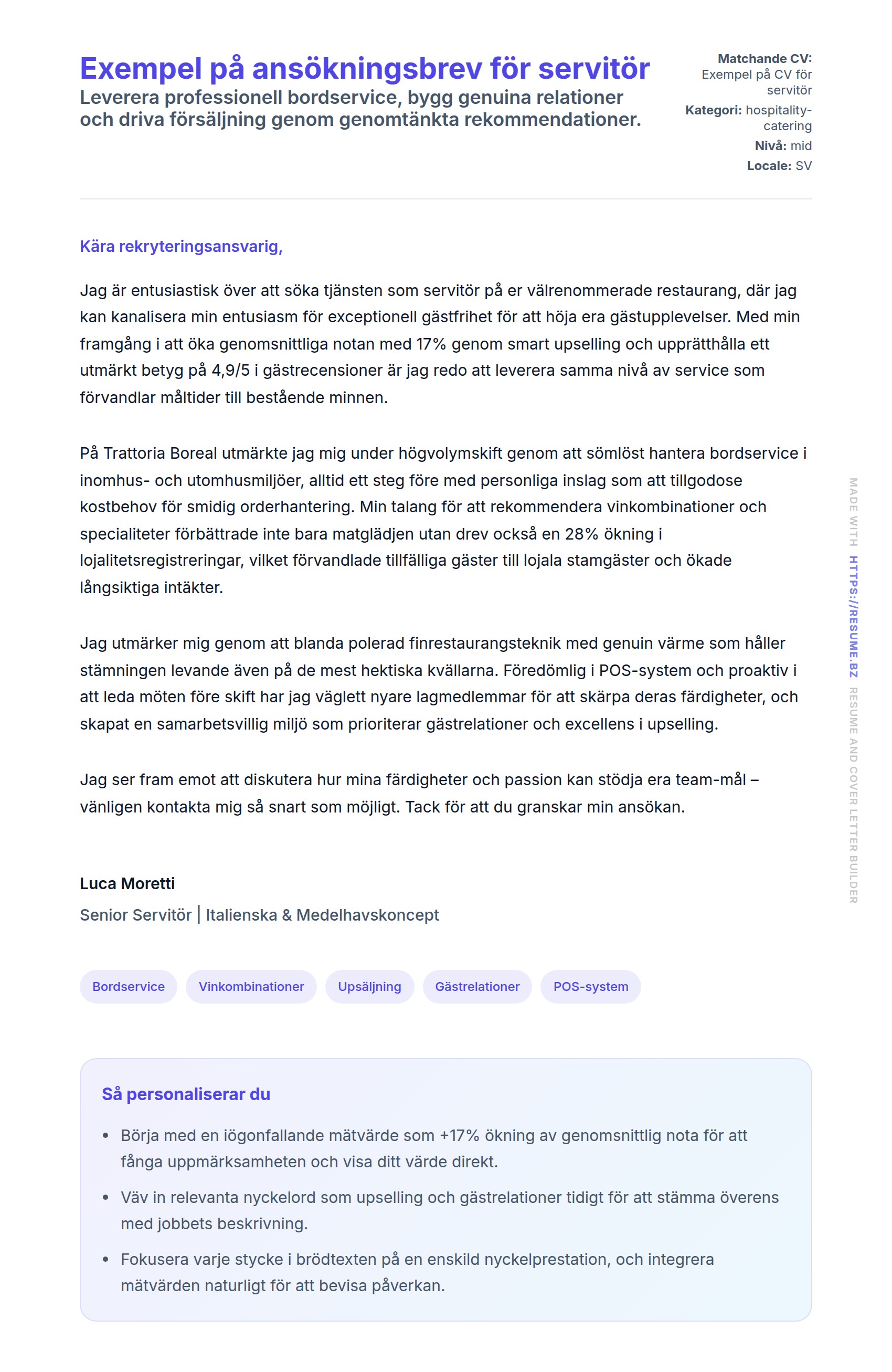 Förhandsgranskning av motivationsbrev för Exempel på ansökningsbrev för servitör