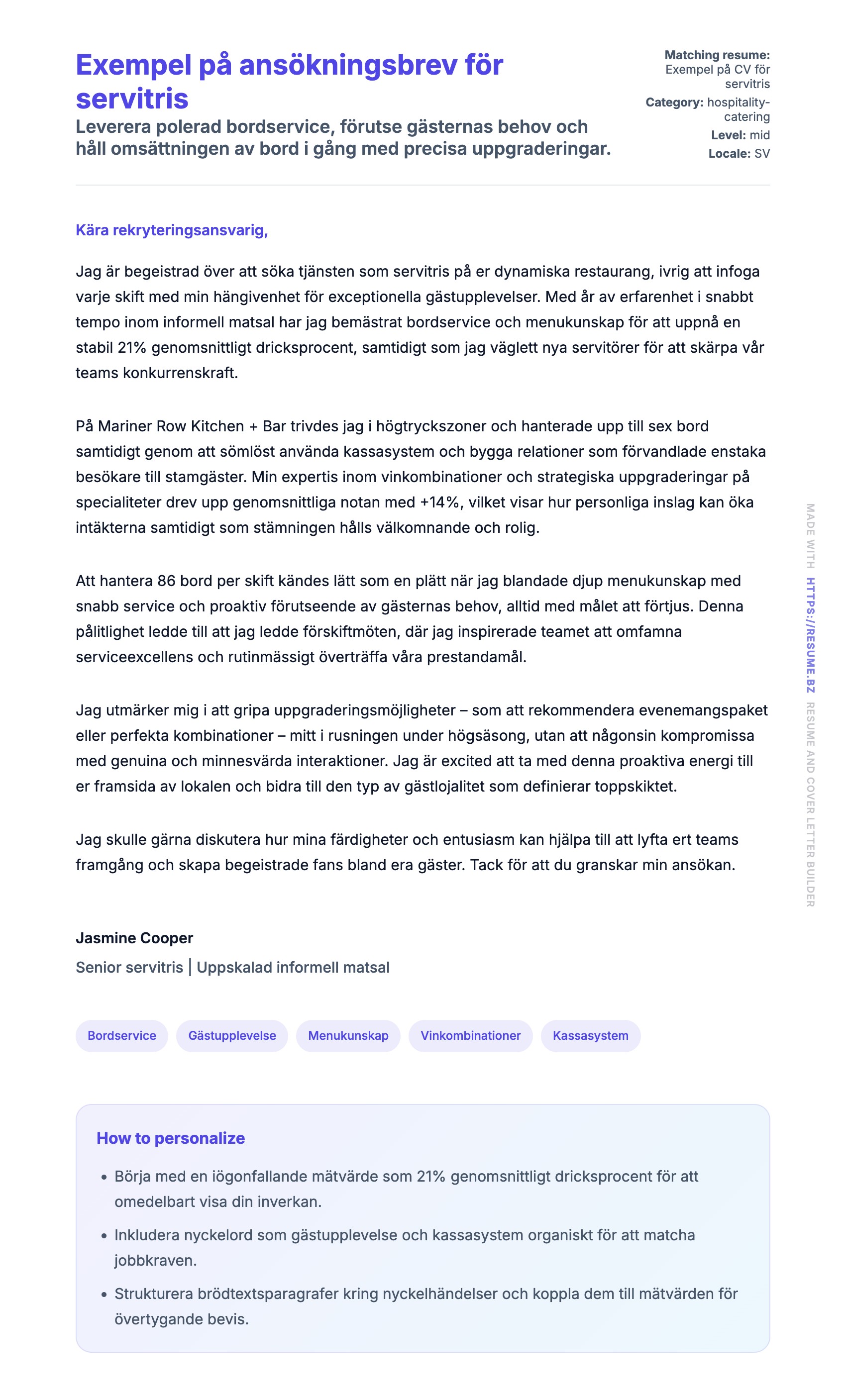 Förhandsgranskning av motivationsbrev för Exempel på ansökningsbrev för servitris