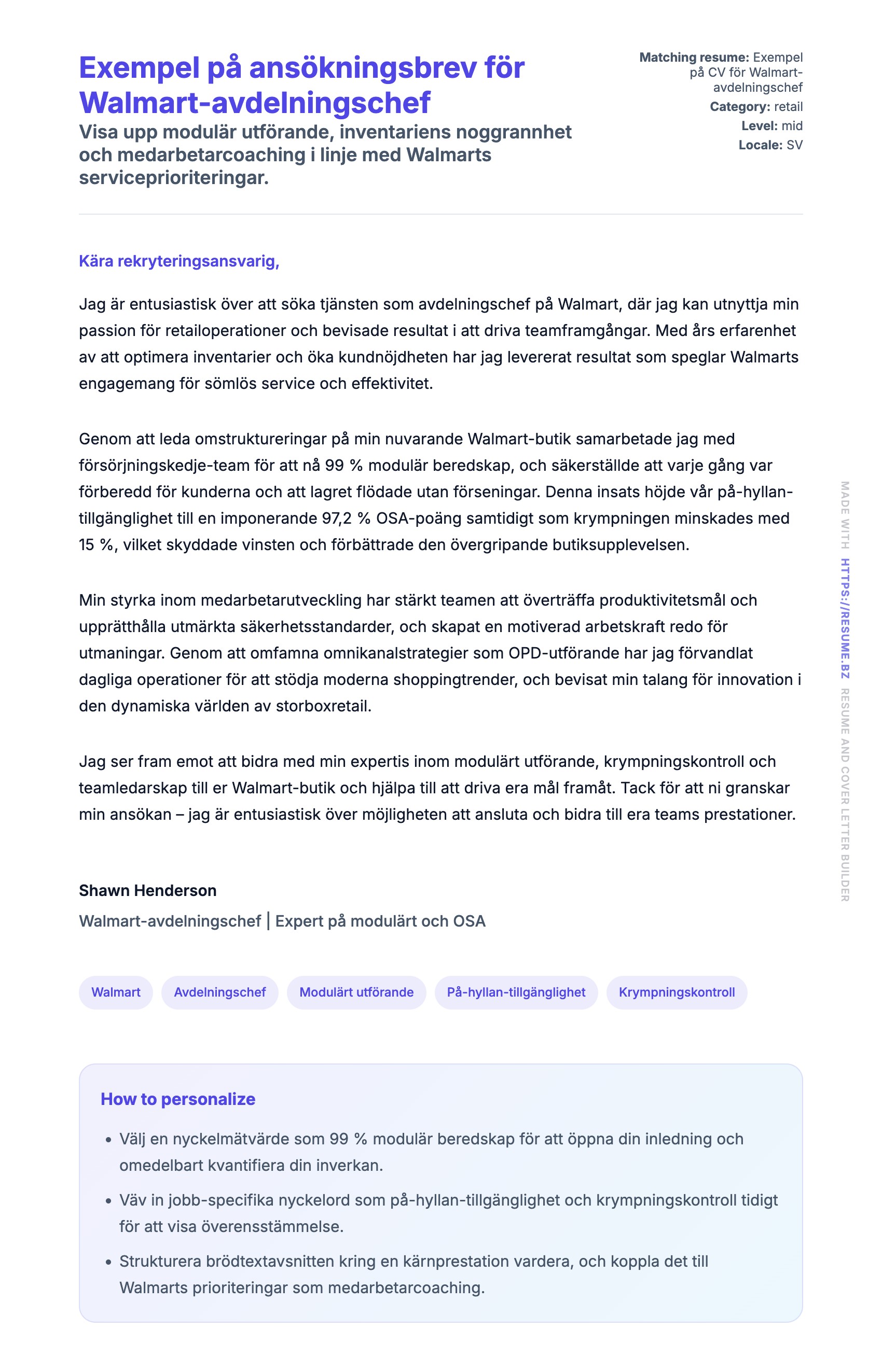 Förhandsgranskning av motivationsbrev för Exempel på ansökningsbrev för Walmart-avdelningschef