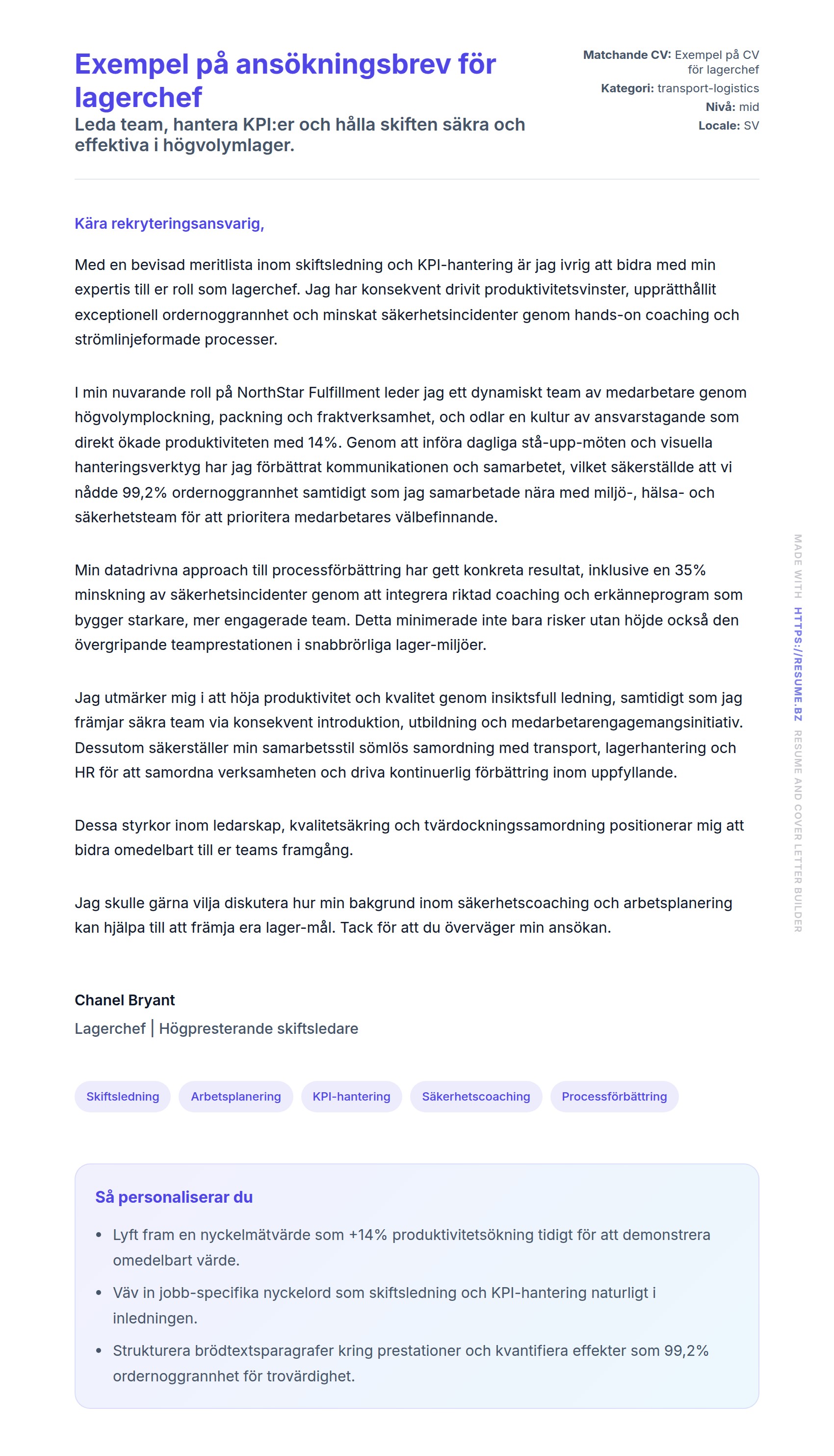 Förhandsgranskning av motivationsbrev för Exempel på ansökningsbrev för lagerchef