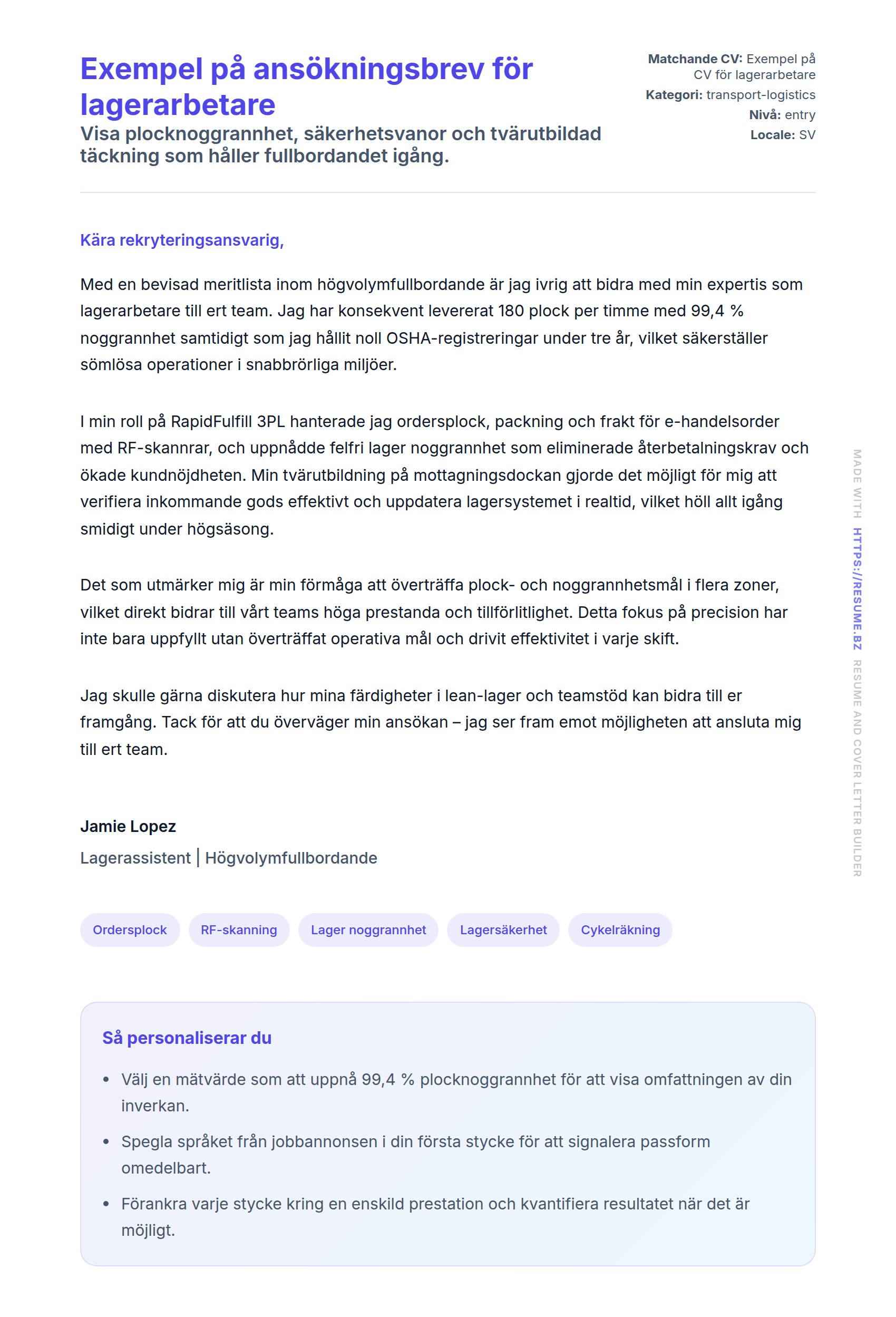 Förhandsgranskning av motivationsbrev för Exempel på ansökningsbrev för lagerarbetare