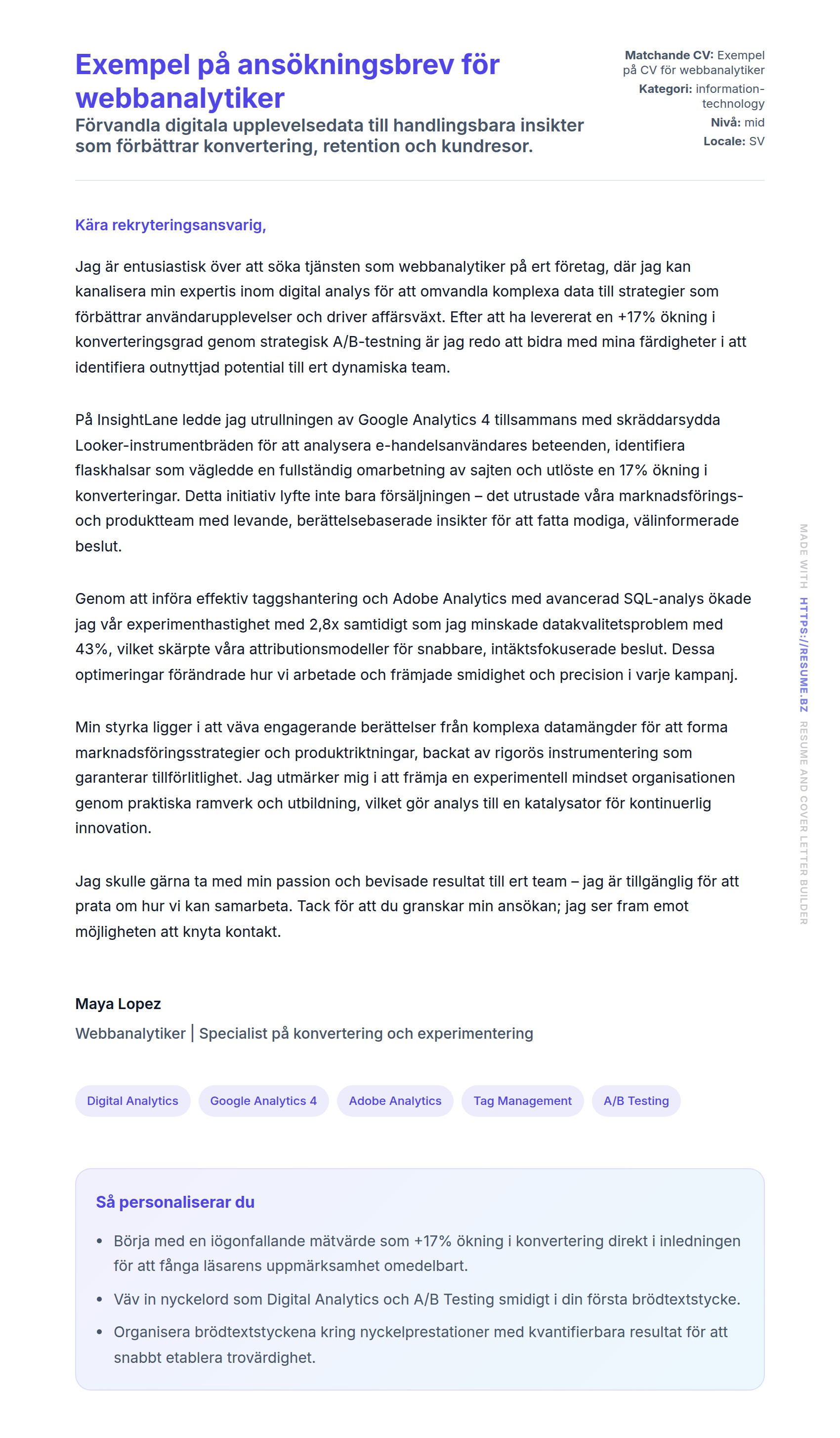 Förhandsgranskning av motivationsbrev för Exempel på ansökningsbrev för webbanalytiker