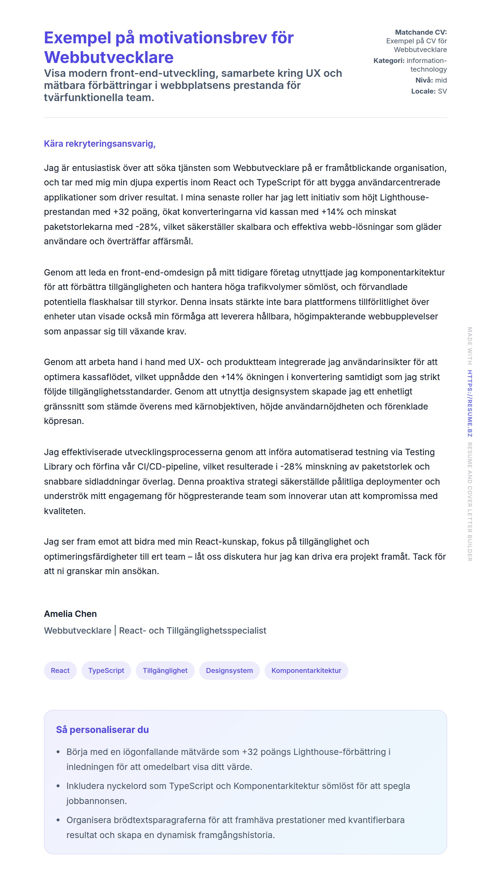 Förhandsgranskning av motivationsbrev för Exempel på motivationsbrev för Webbutvecklare