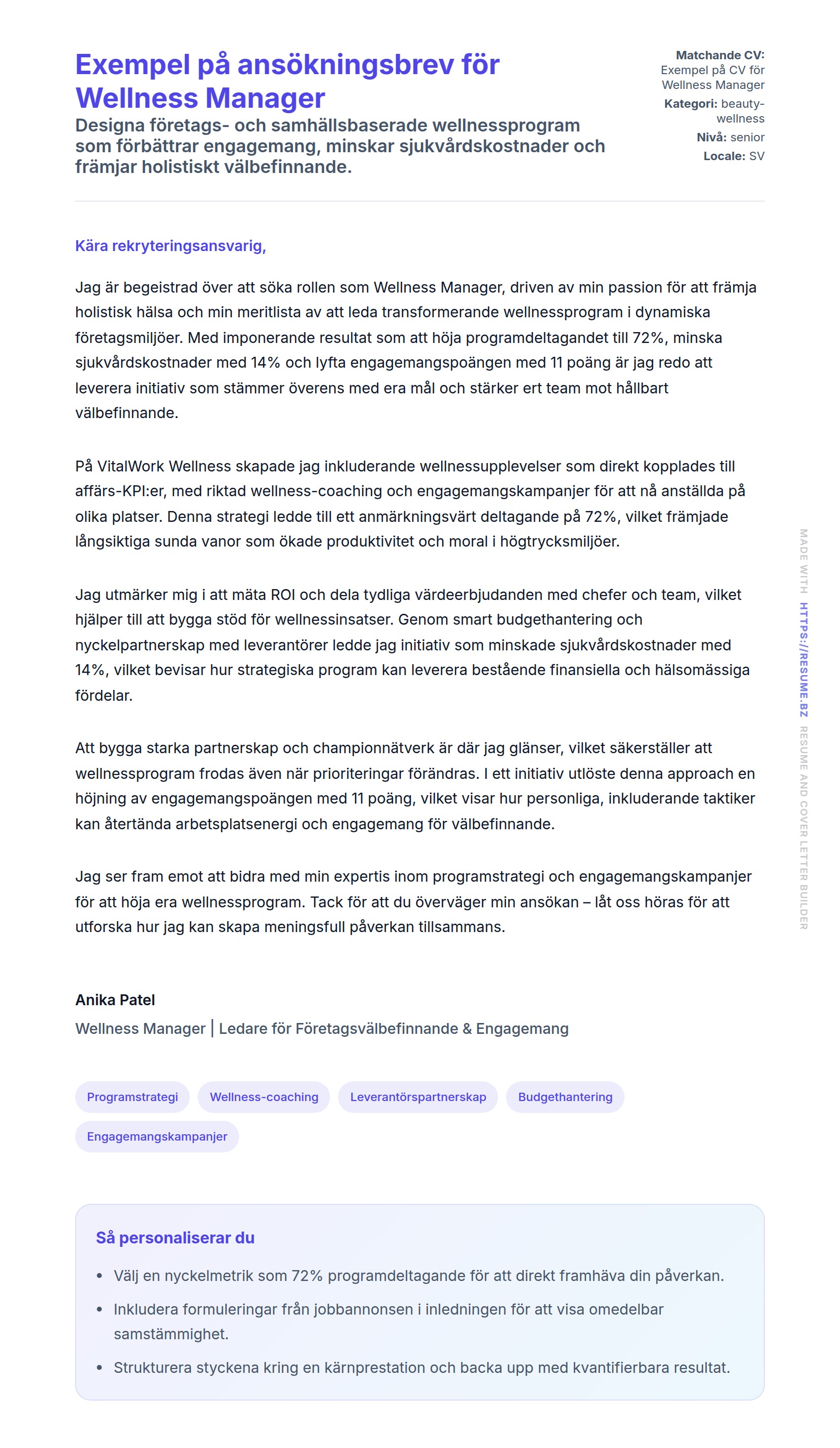 Förhandsgranskning av motivationsbrev för Exempel på ansökningsbrev för Wellness Manager